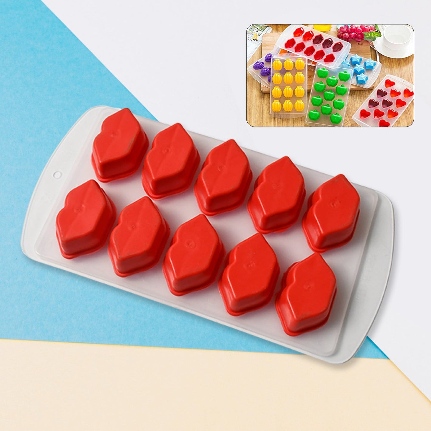 Vibrant silicone ice cube tray with multiple fruit shapes, ready for use.