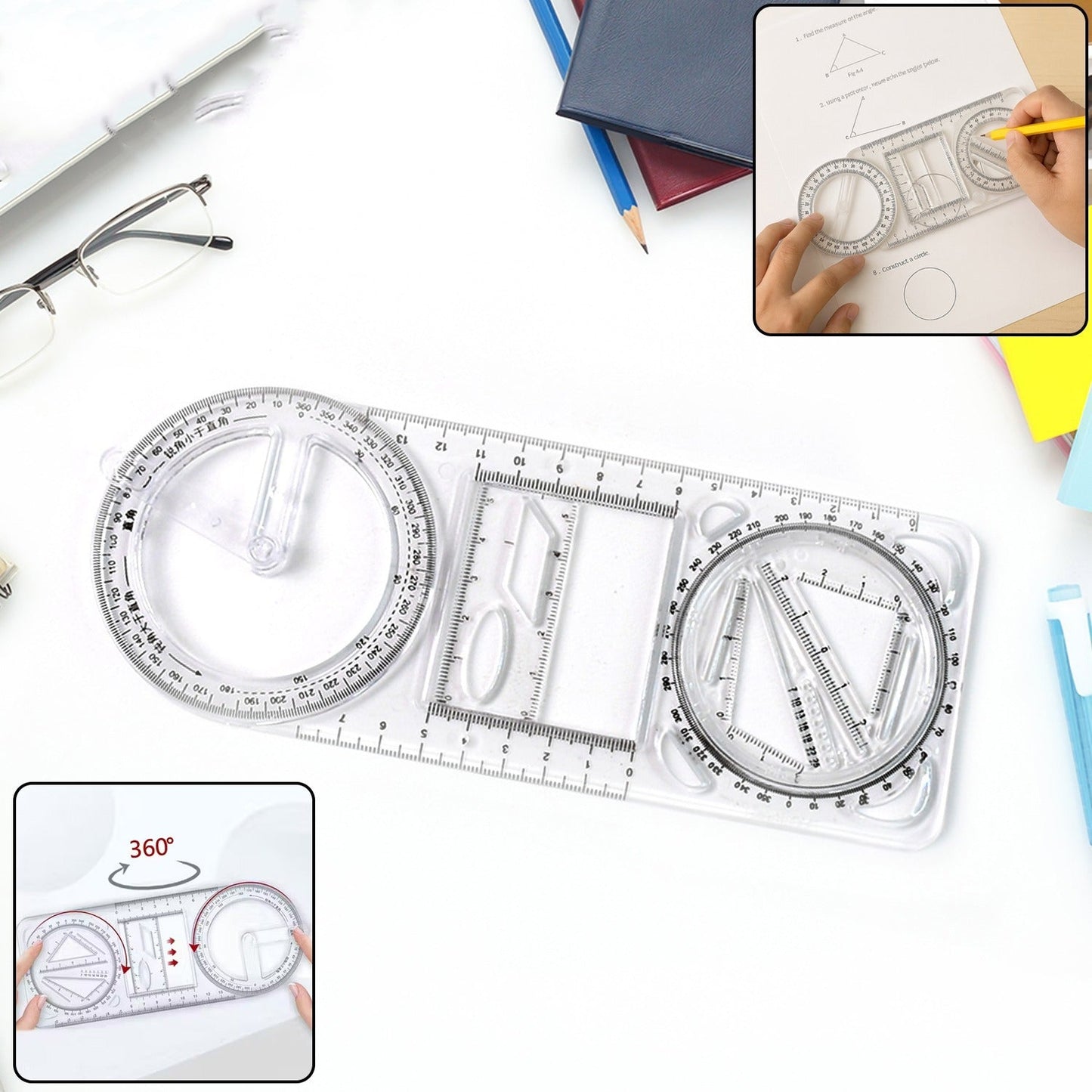 Multi-functional geometry drawing tool with ruler and protractor