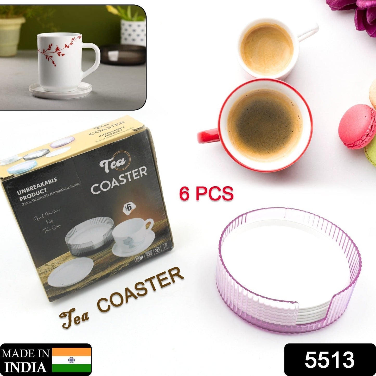 Complete set of 6 plastic coasters with a holder, perfect for any desk or table.
