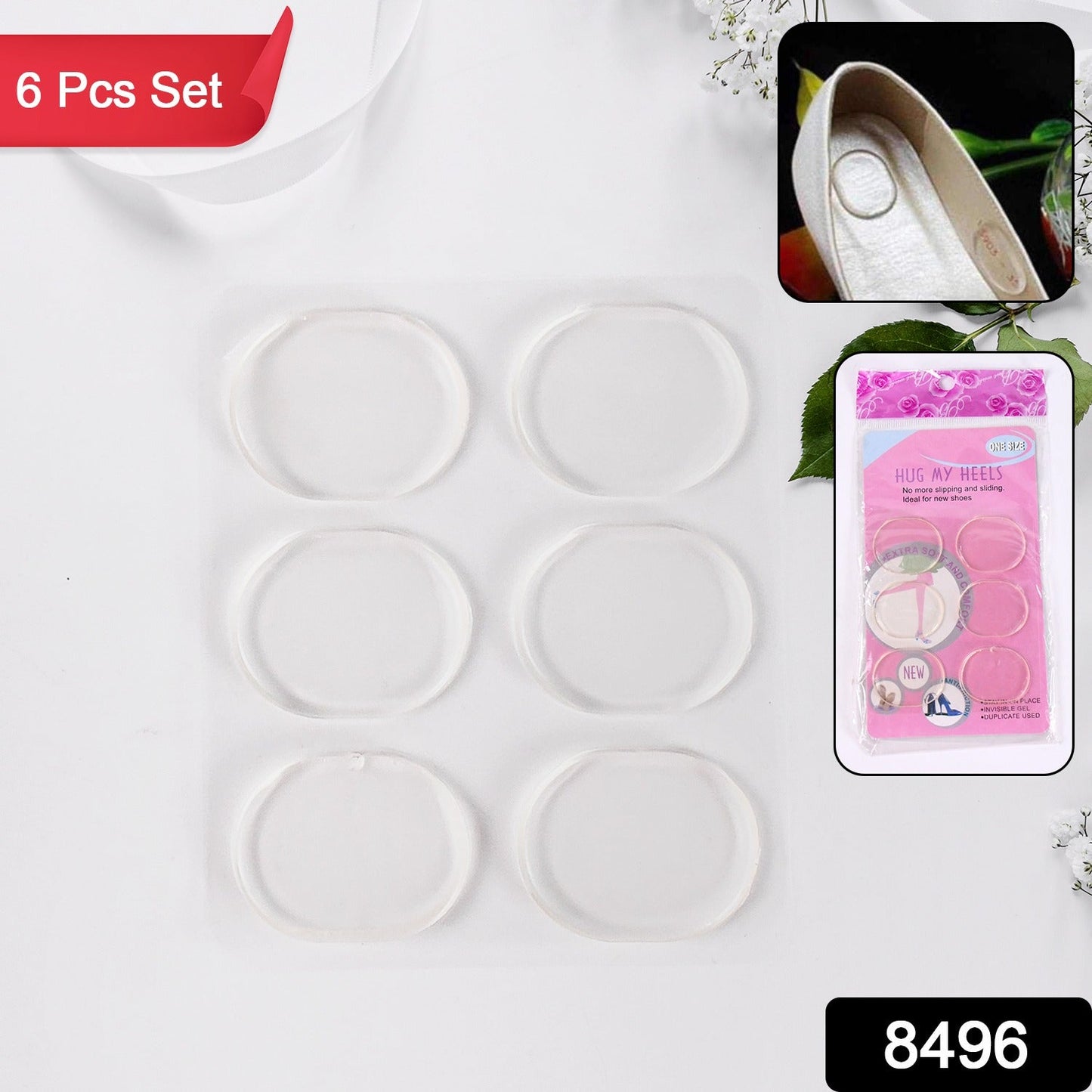 Soft silicone heel pads placed inside women's shoes for foot protection