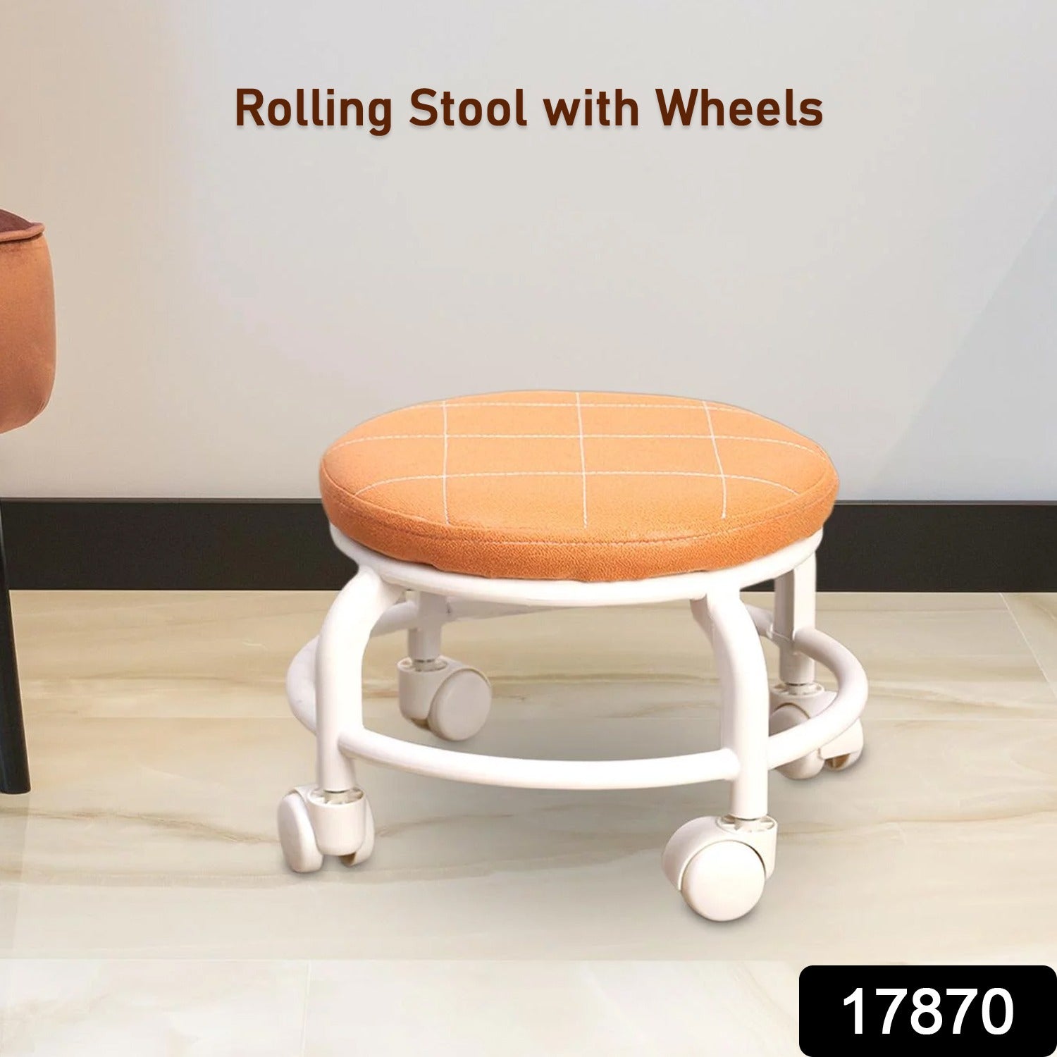 Multifunctional plastic rolling stool used for a low-level task.