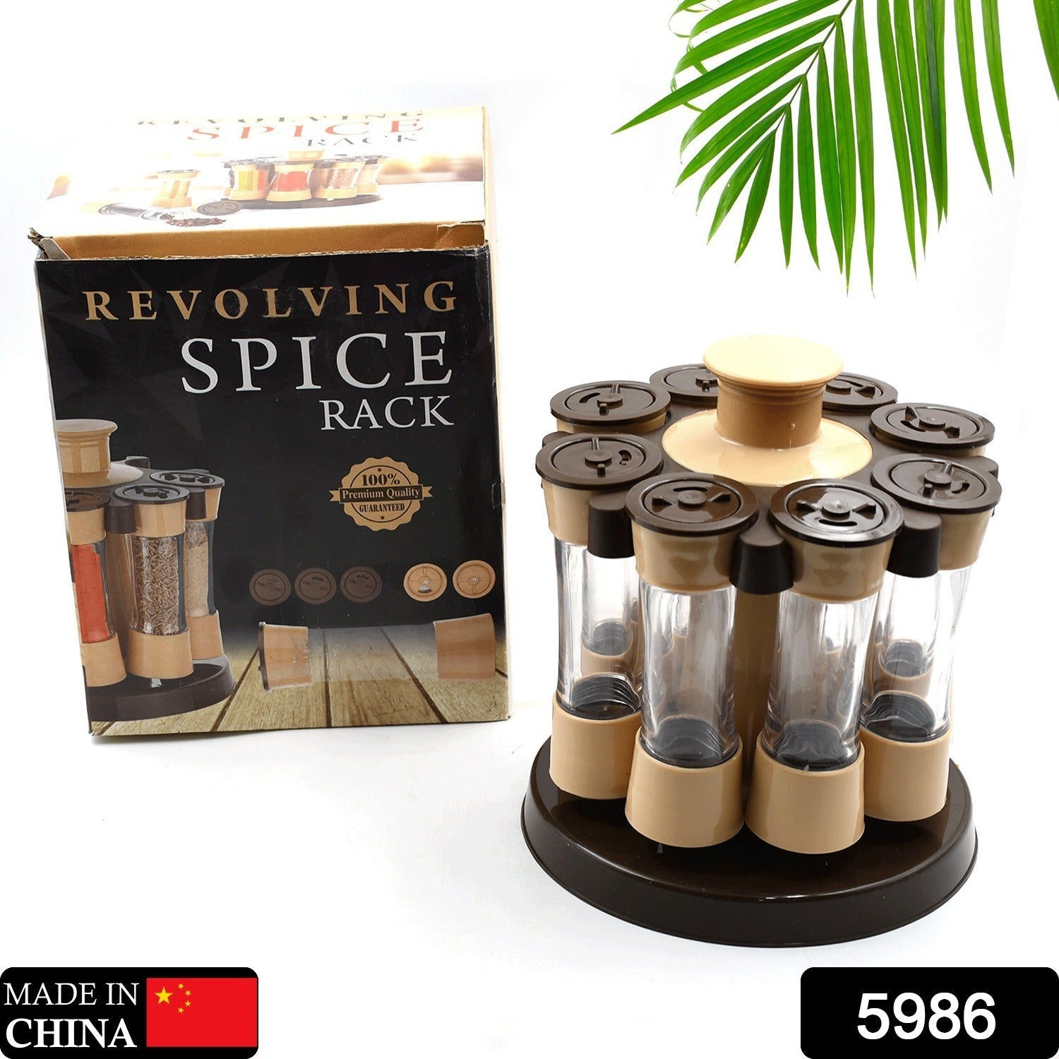 A hand selecting a spice jar from the 360-degree revolving spice rack, showcasing its ease of use.