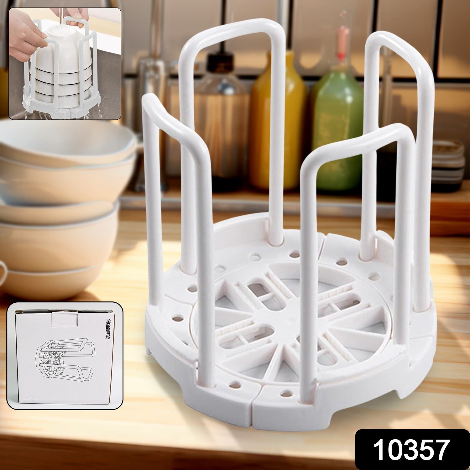 Detachable plastic bowl holder components laid out, showcasing space-saving design.