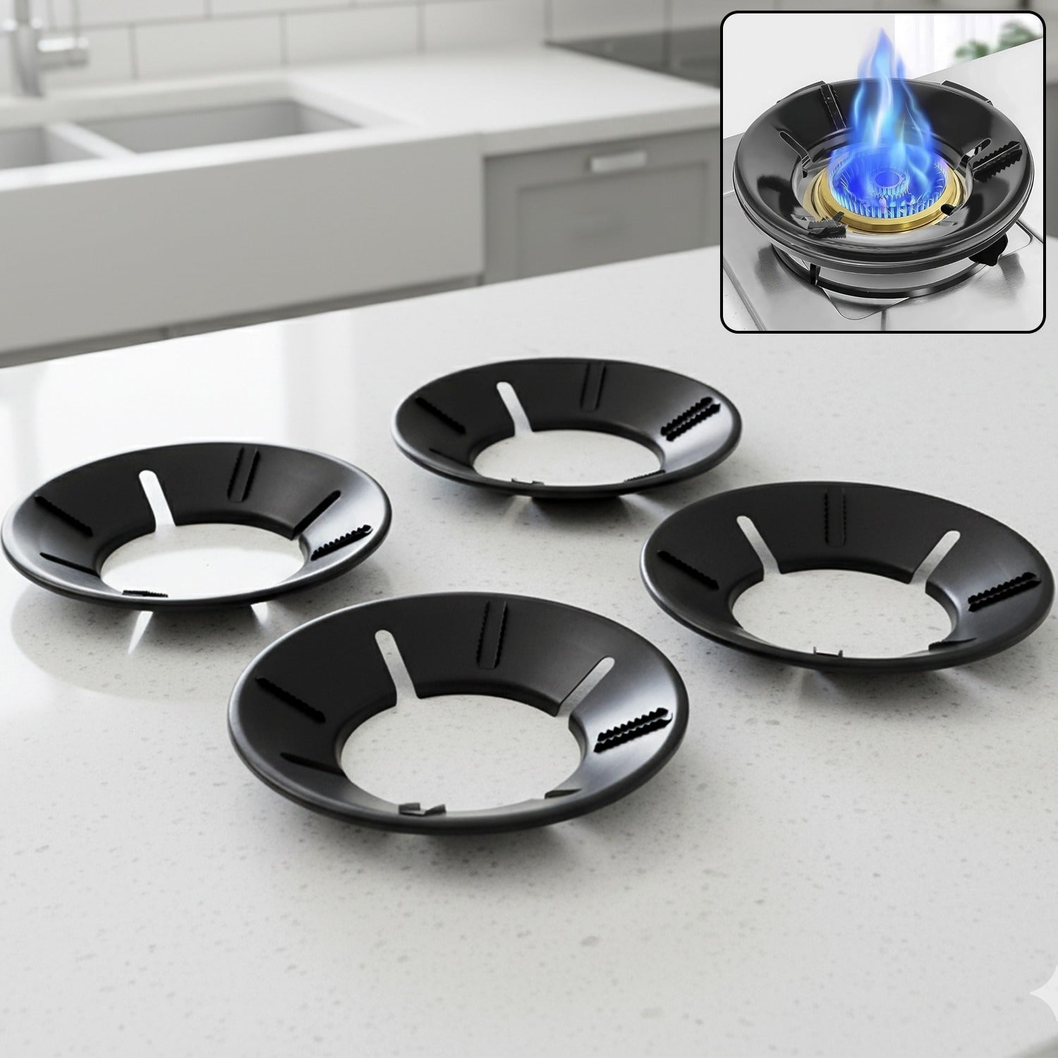 Four-piece gas stove flame protector ring set for standard burners