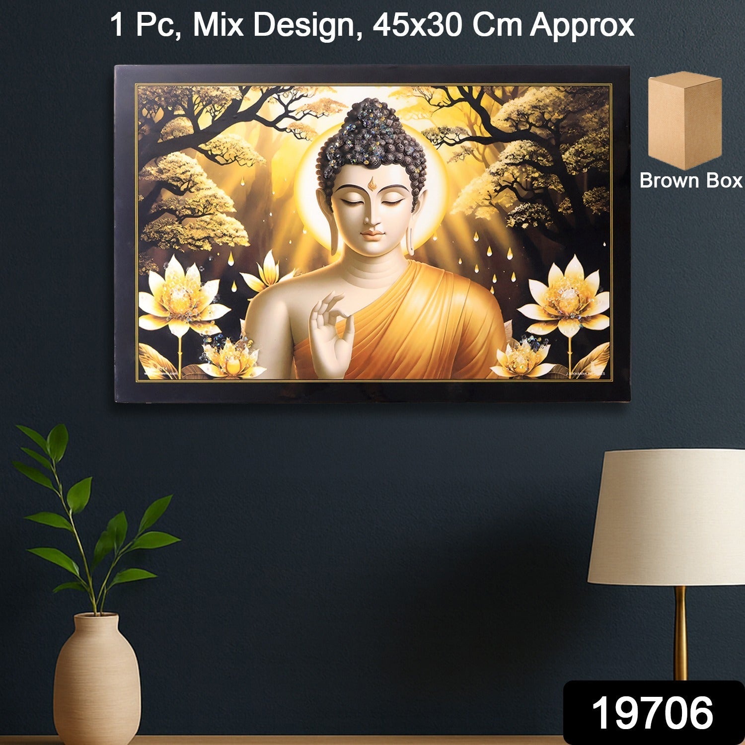 Close-up of Lord Buddha wall art framed in sturdy wooden frame for spiritual home decor