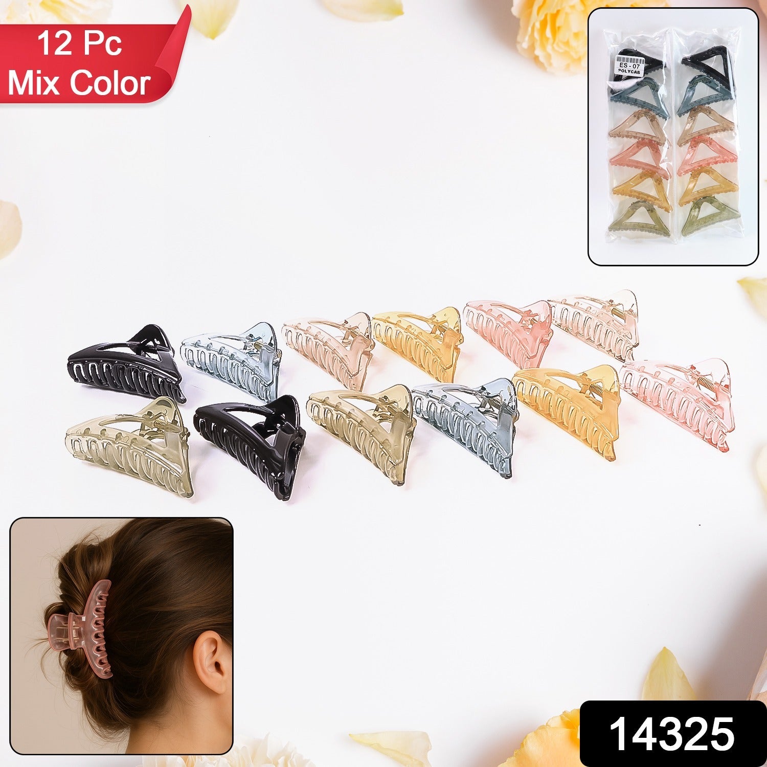 Assorted multicolor plastic triangle claw hair clips in a set