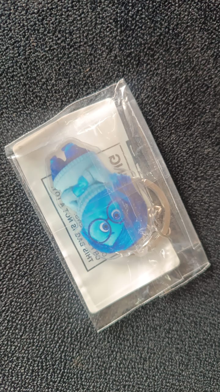 Detailed close-up of blue cartoon character acrylic keychain