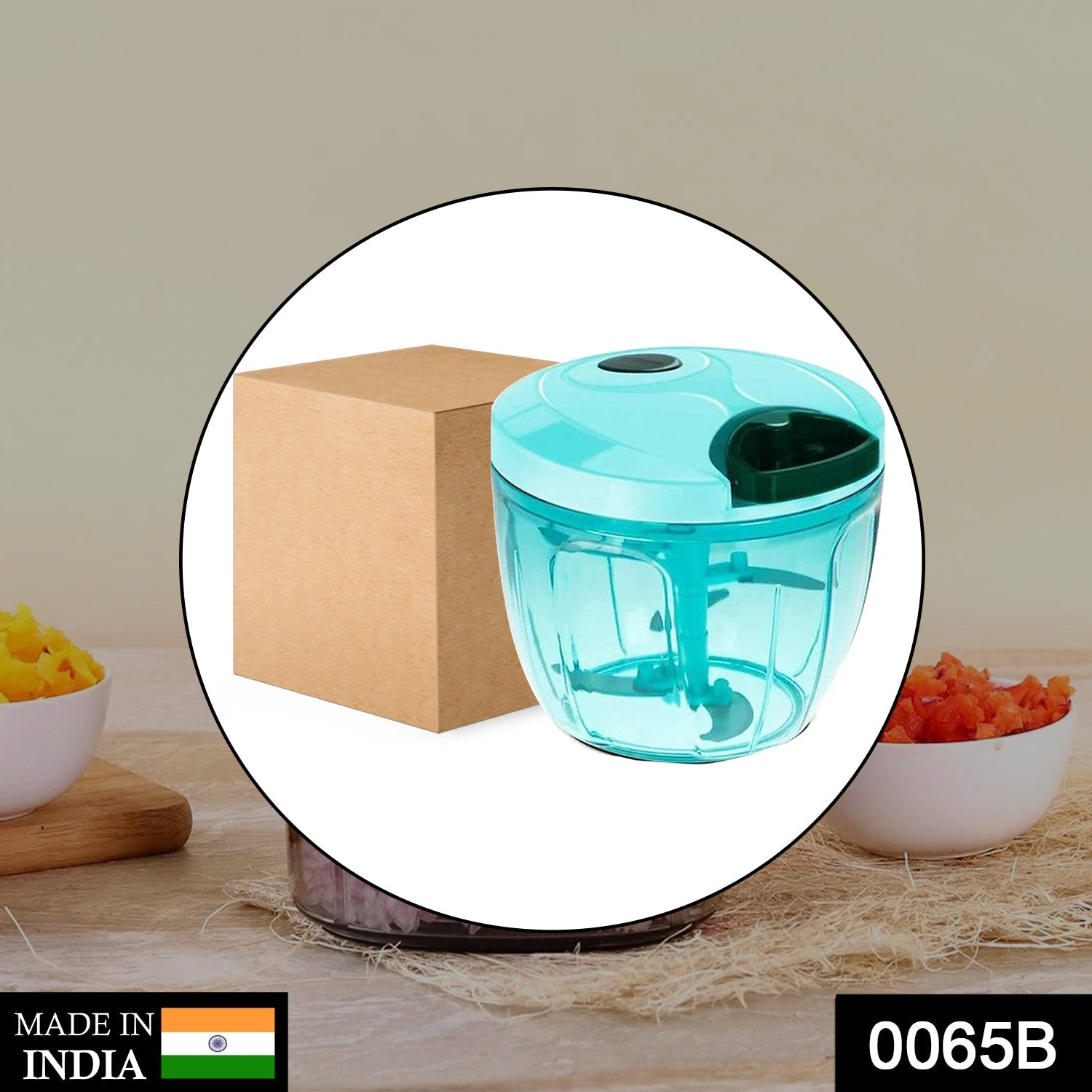 Manual vegetable chopper with 5 stainless steel blades on a kitchen counter.