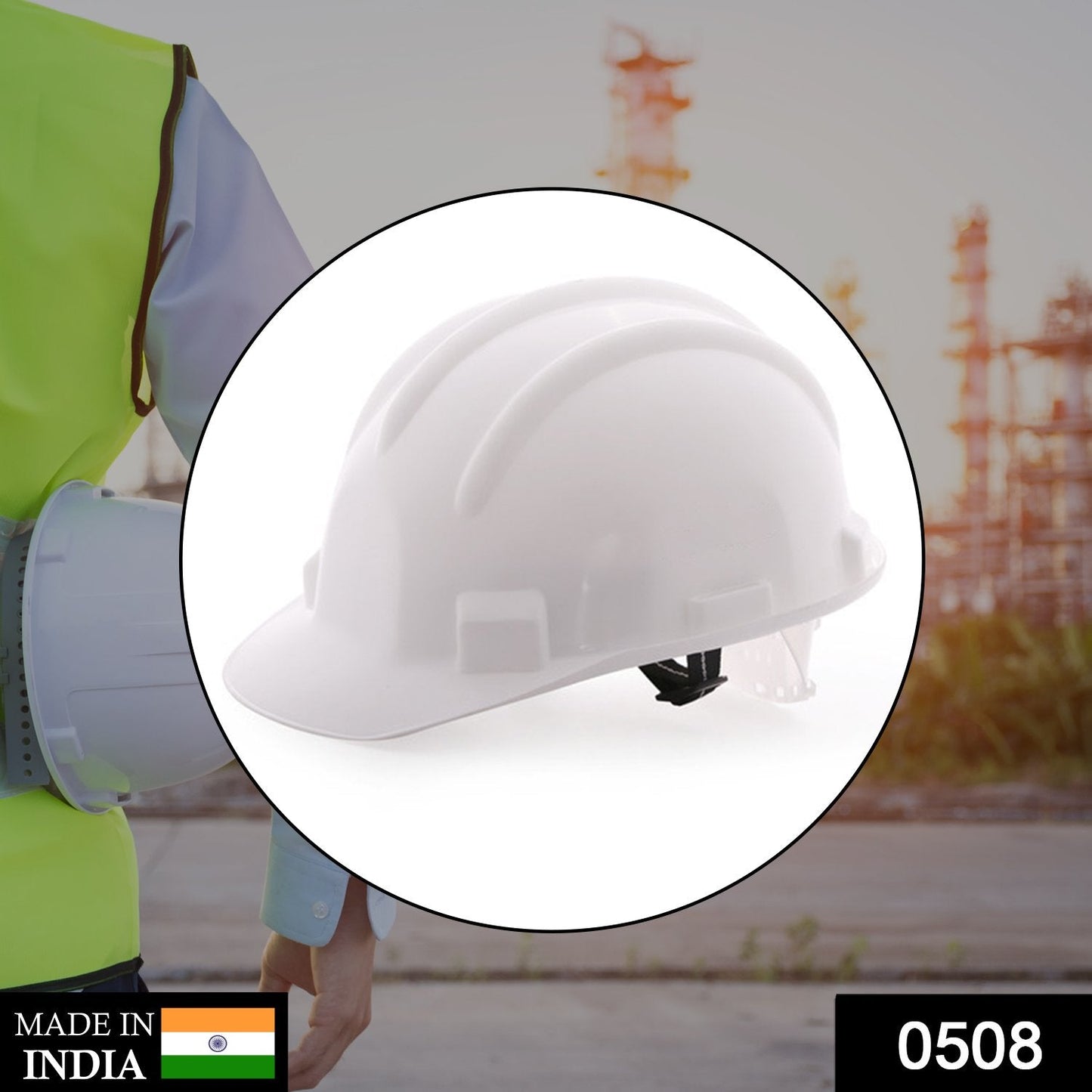 Front view of an anti-smashing construction helmet, highlighting its robust design and protective features.