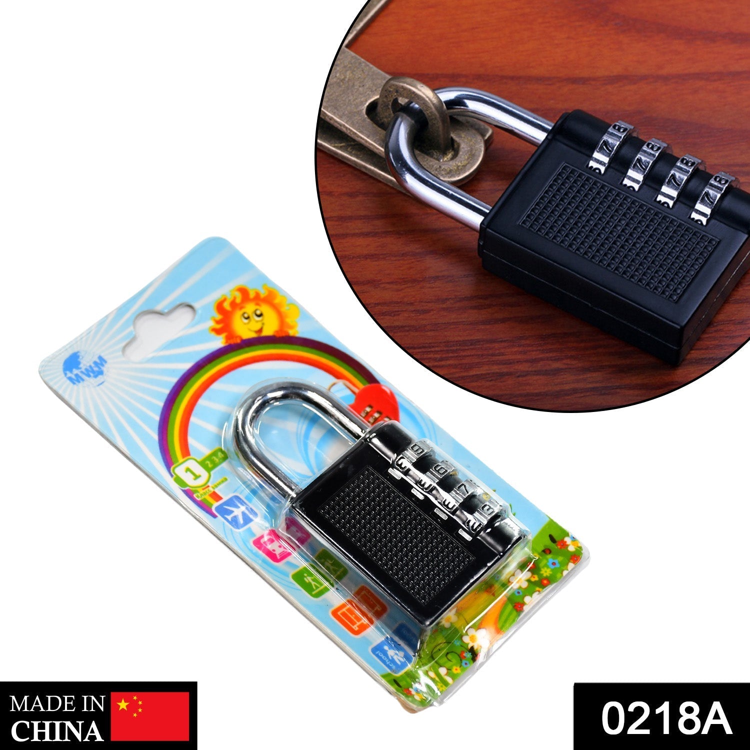 Close-up view of the 4-digit re-settable lock, highlighting its robust construction.