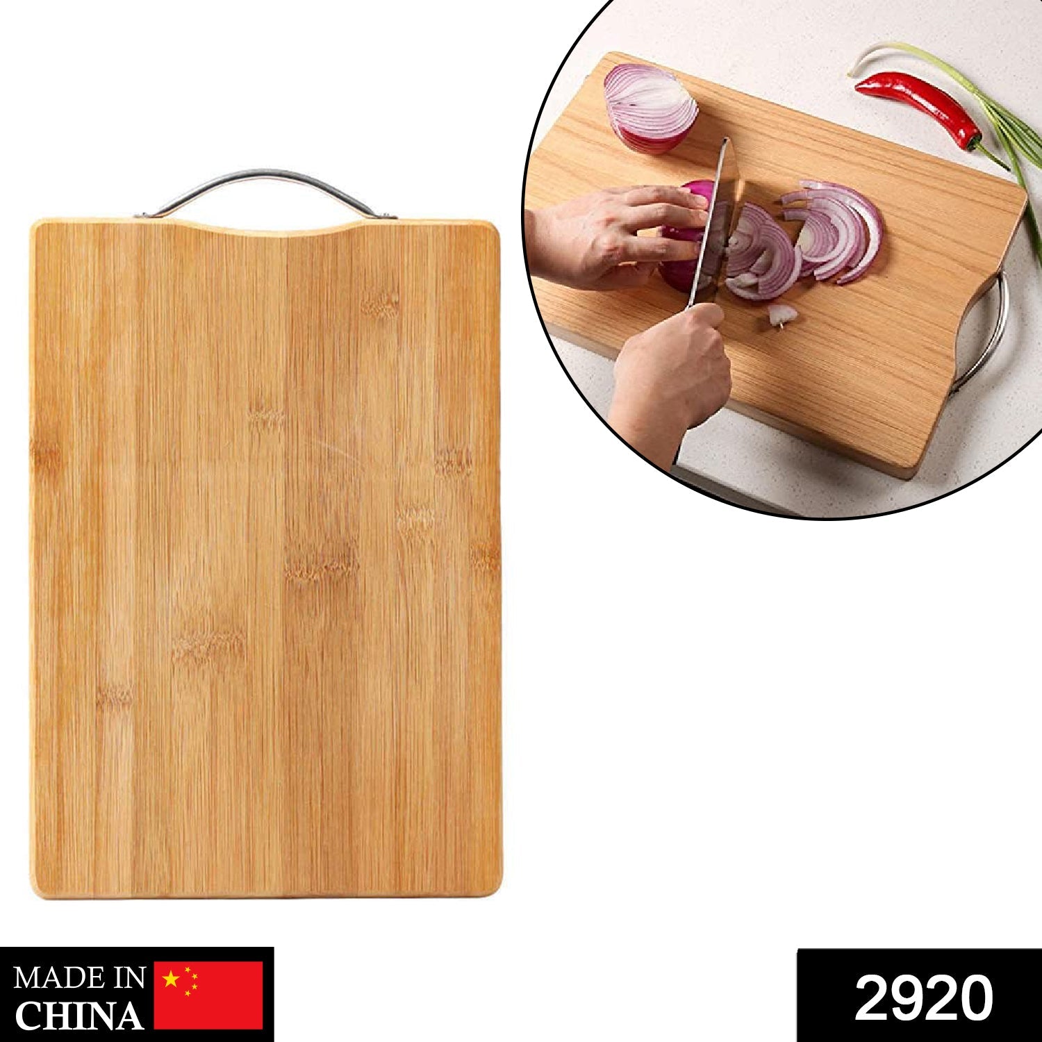 Top view of the natural wooden cutting board, highlighting its grain and smooth surface.