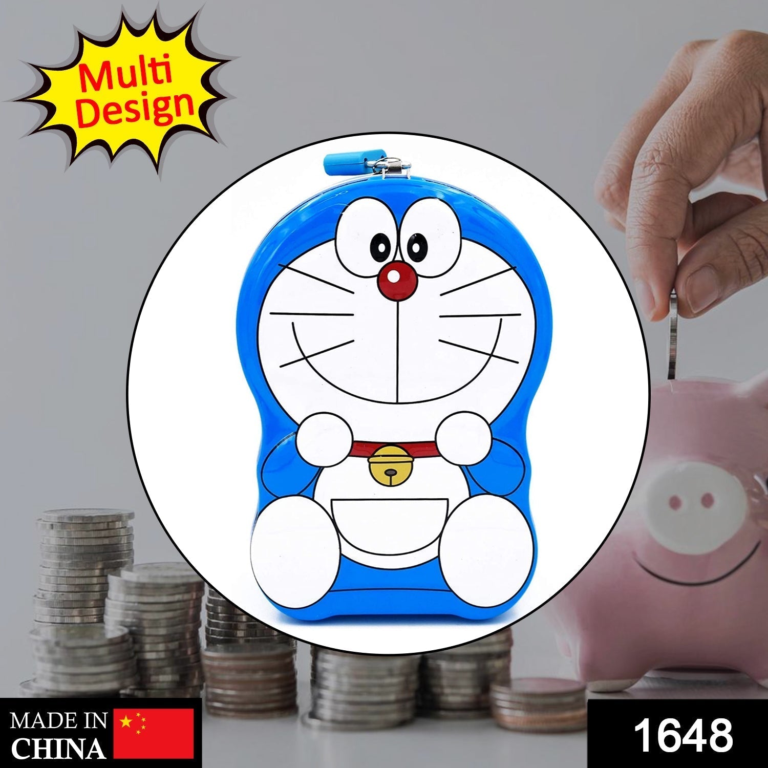 Front view of the cartoon character metal money box for children.