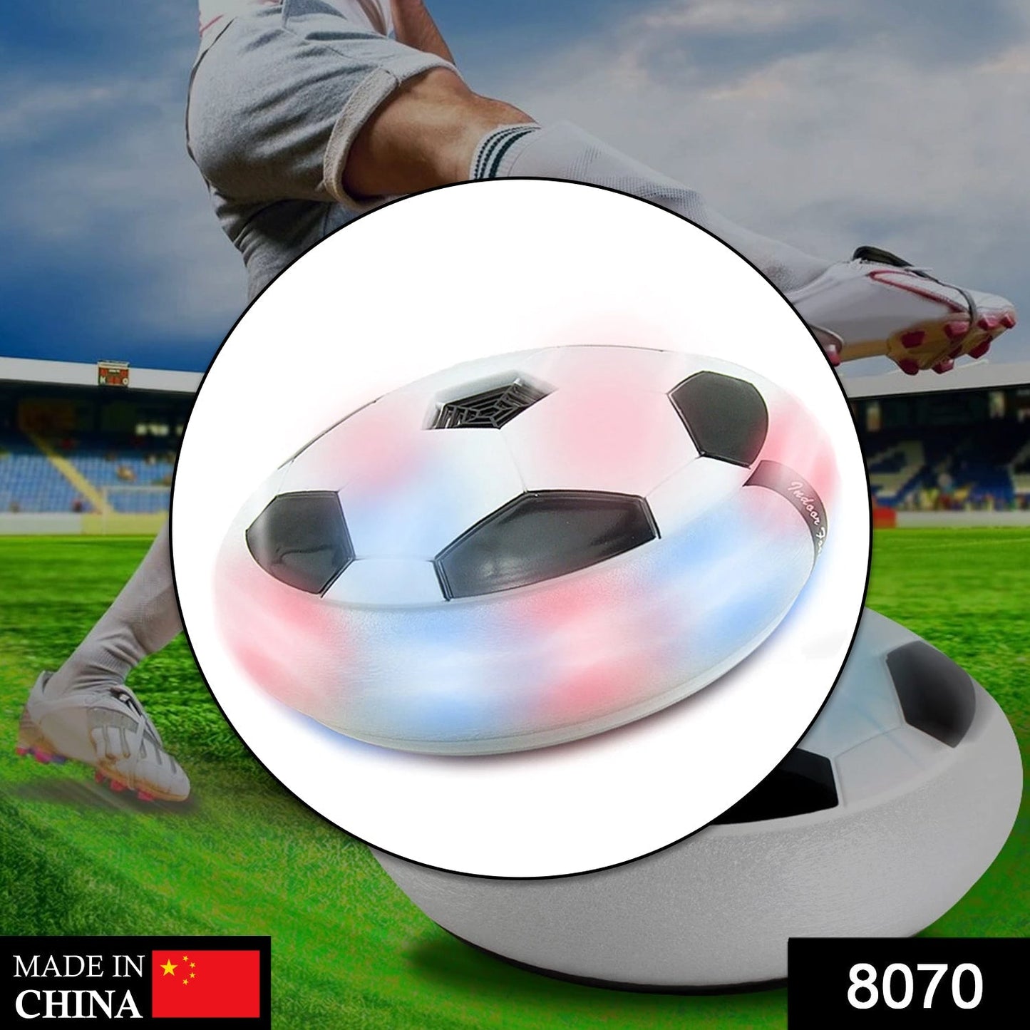The Hover LED Ball mid-flight, demonstrating its easy-to-control hovering capability for kids' play.