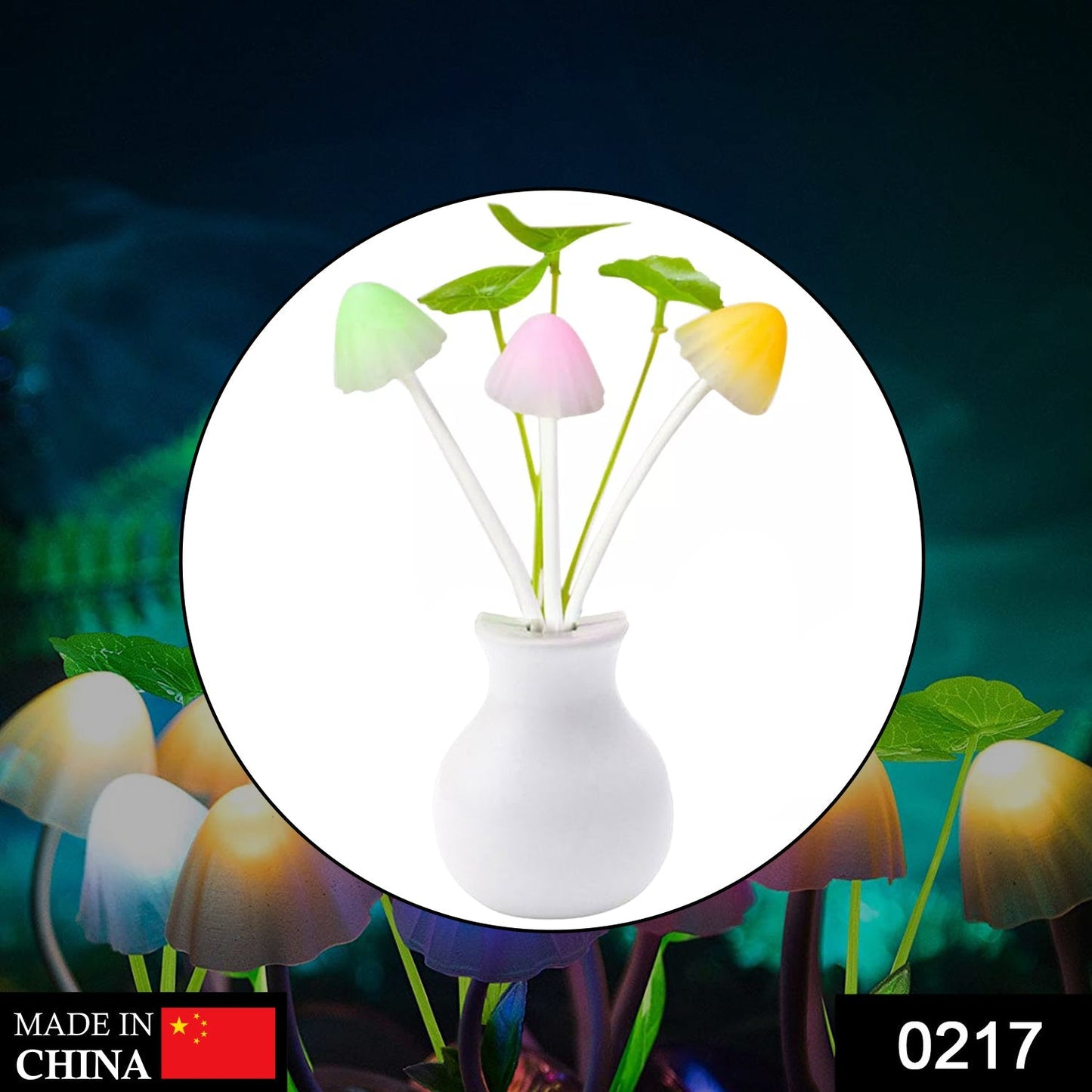 Close-up of a vibrant multicolor mushroom night light with artificial flowers.