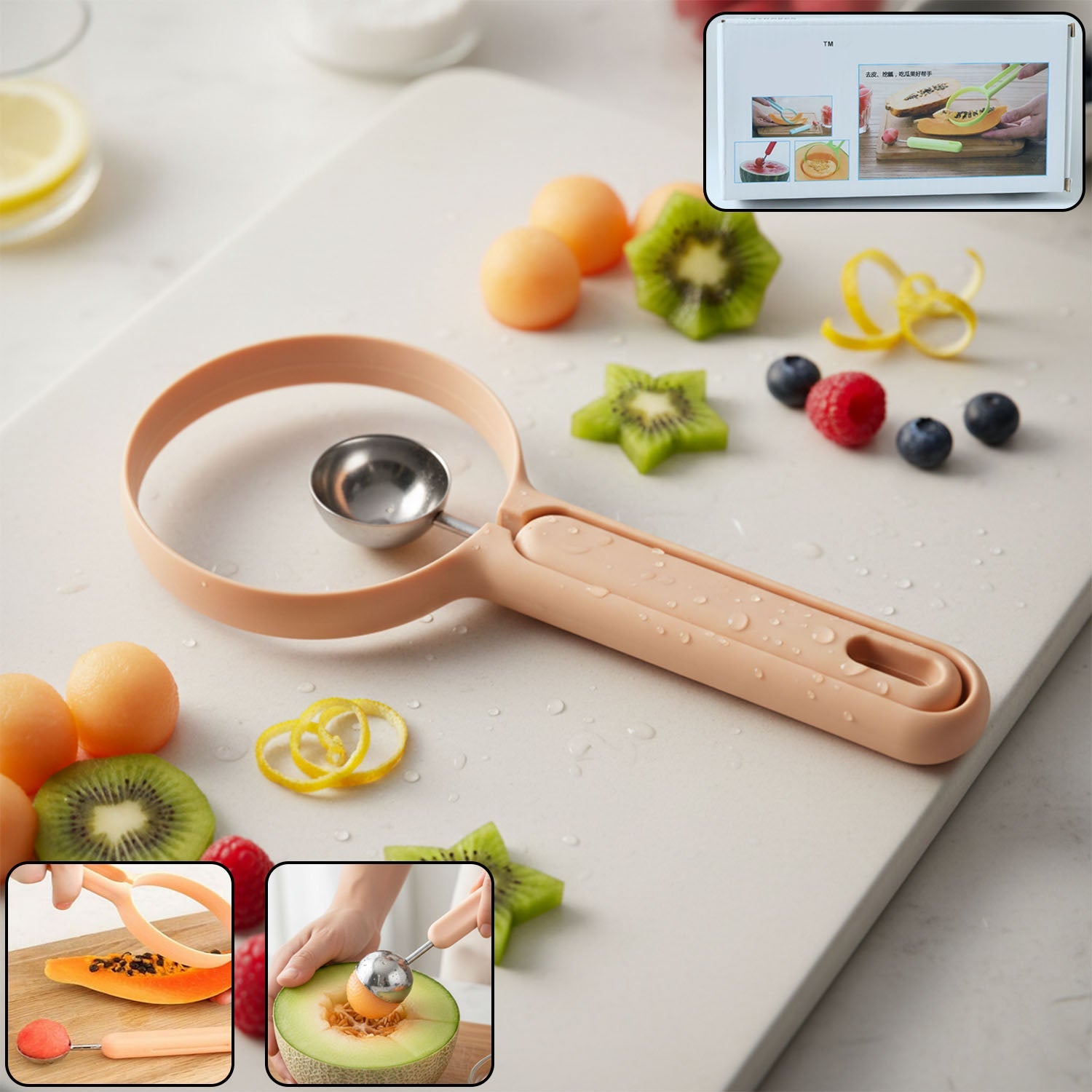 Dual-function fruit scooper and cutter tool with ergonomic handle