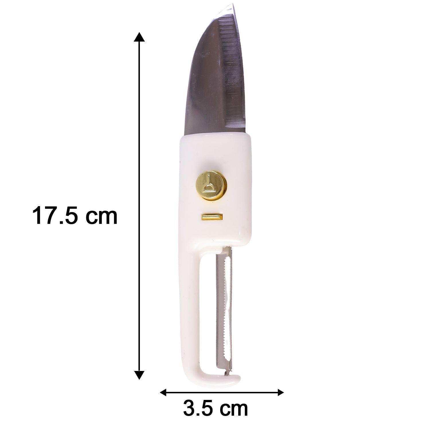 Size comparison of the 2-in-1 vegetable peeler and knife with a ruler.
