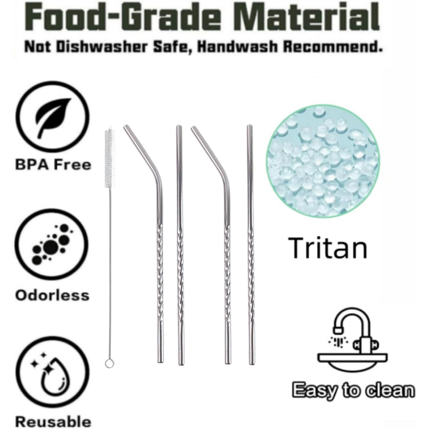 Close-up view of the durable metal drinking straws, highlighting their polished finish.