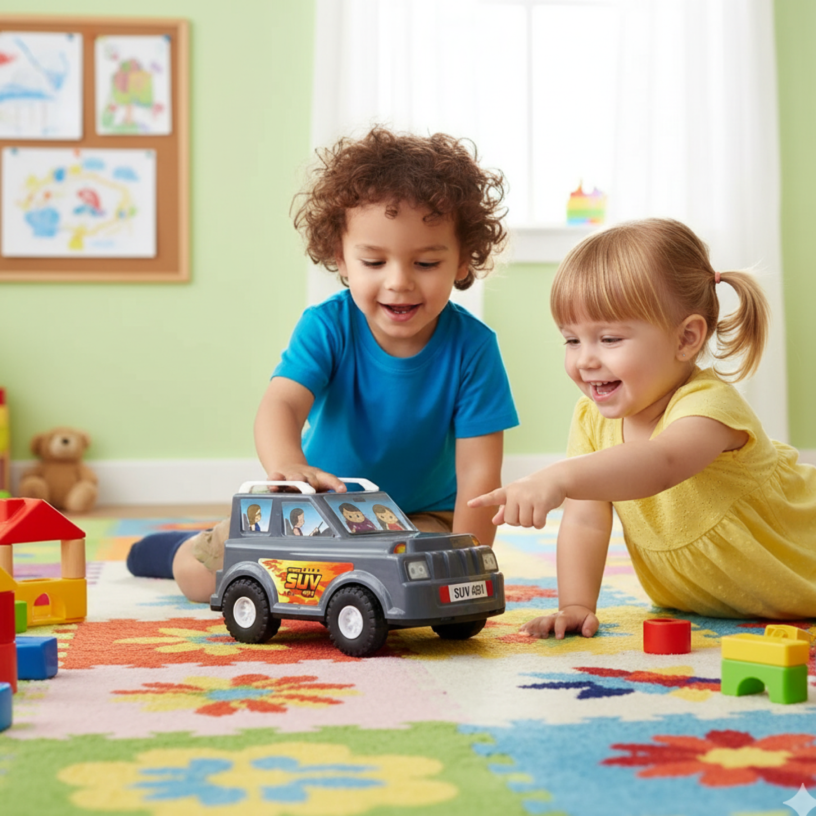Children playing with colorful toy SUV car outdoors
