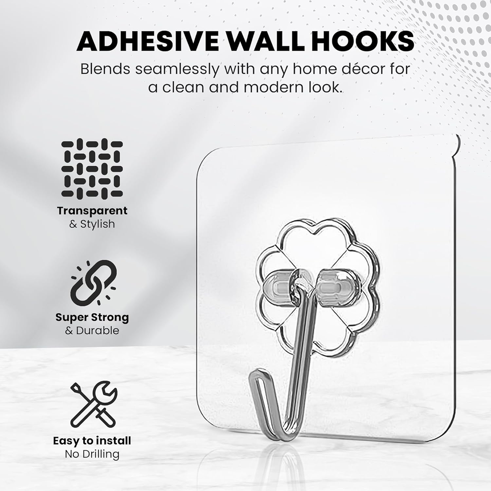 Diagram showing 6cm length and width of the stainless steel adhesive hook.