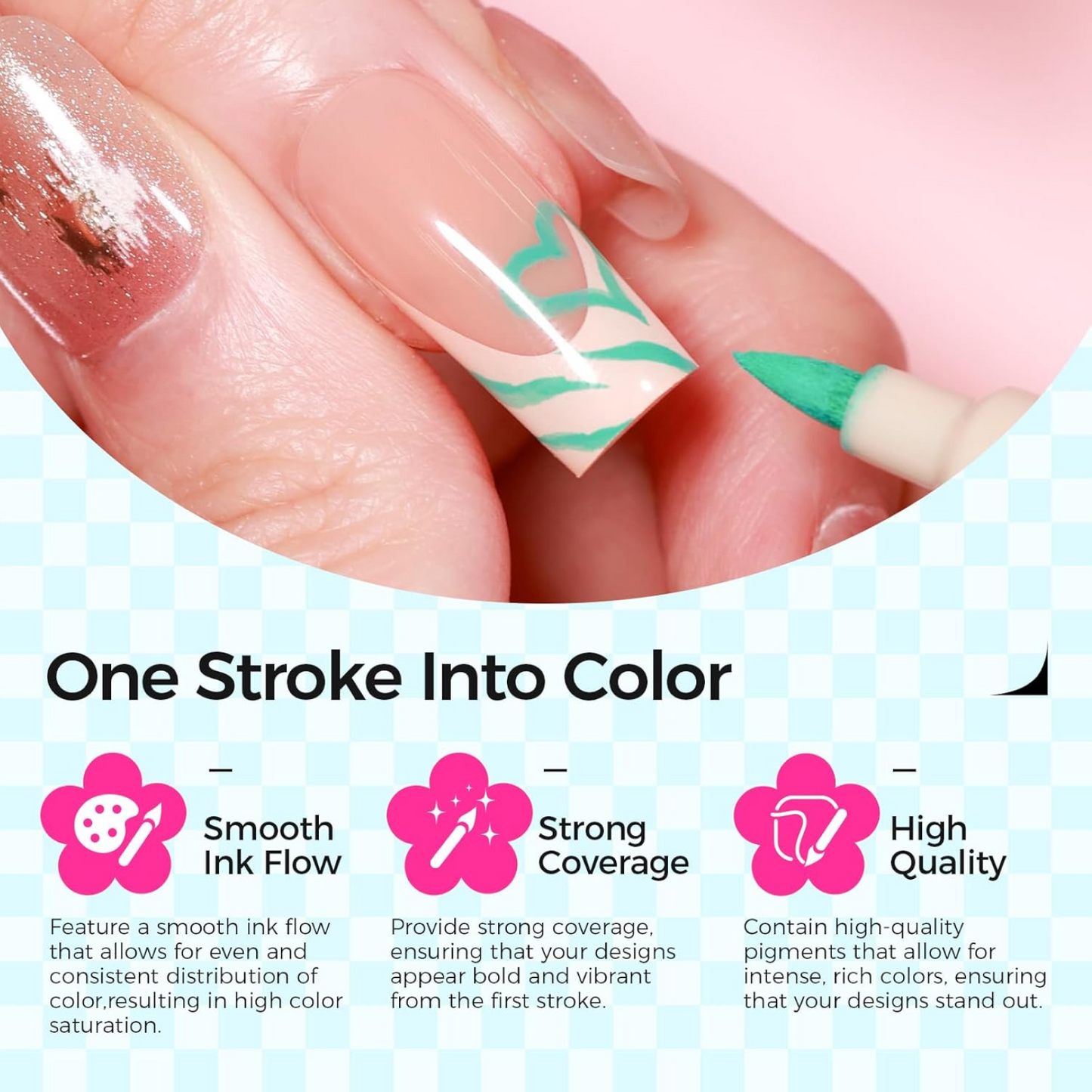 Detailed view of nail art pens with specifications and features.