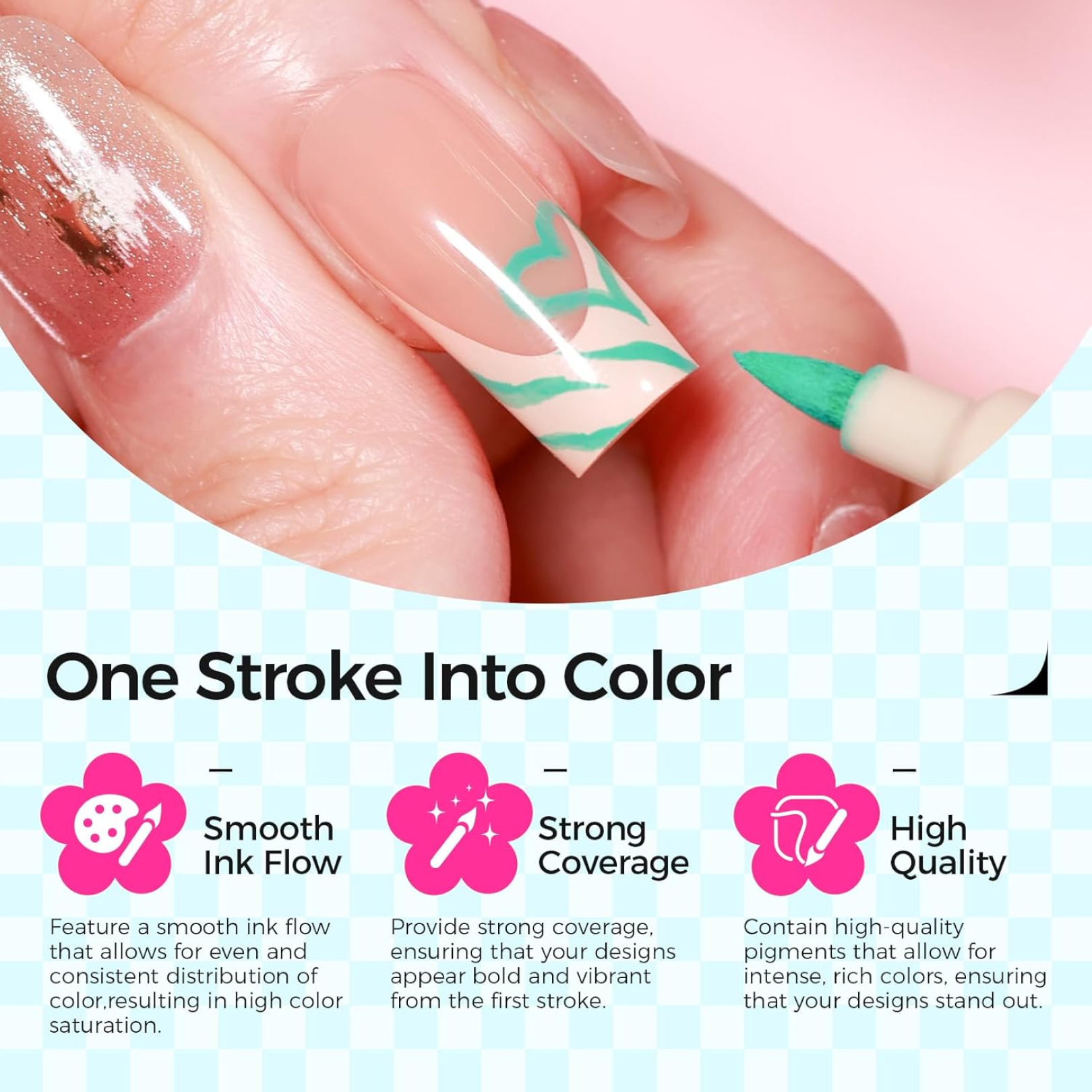 Detailed view of nail art pens with specifications and features.