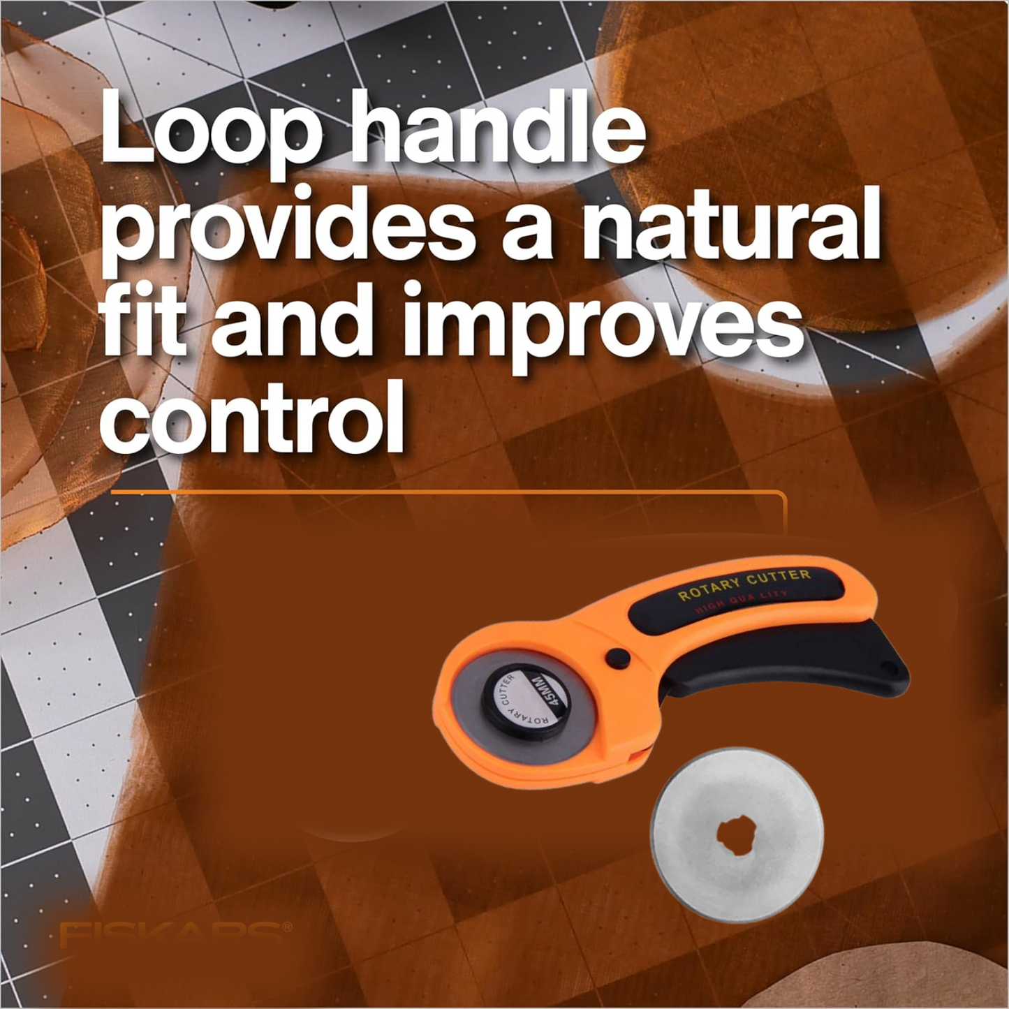Top view of ergonomic rotary cutter handle and sharp 45mm blade