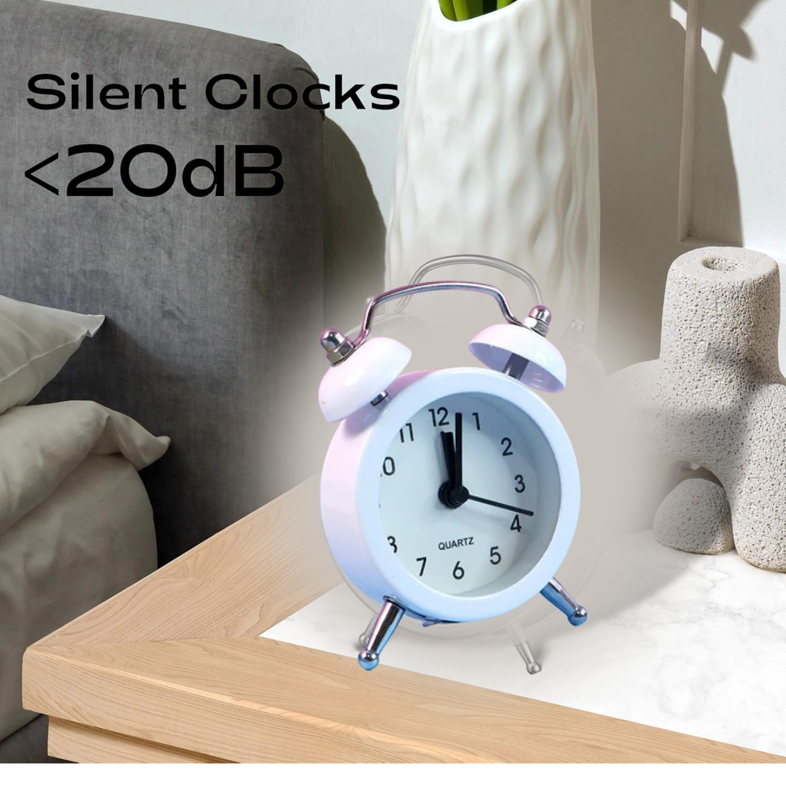 Side view of the twin-bell analog alarm clock, highlighting control knobs.