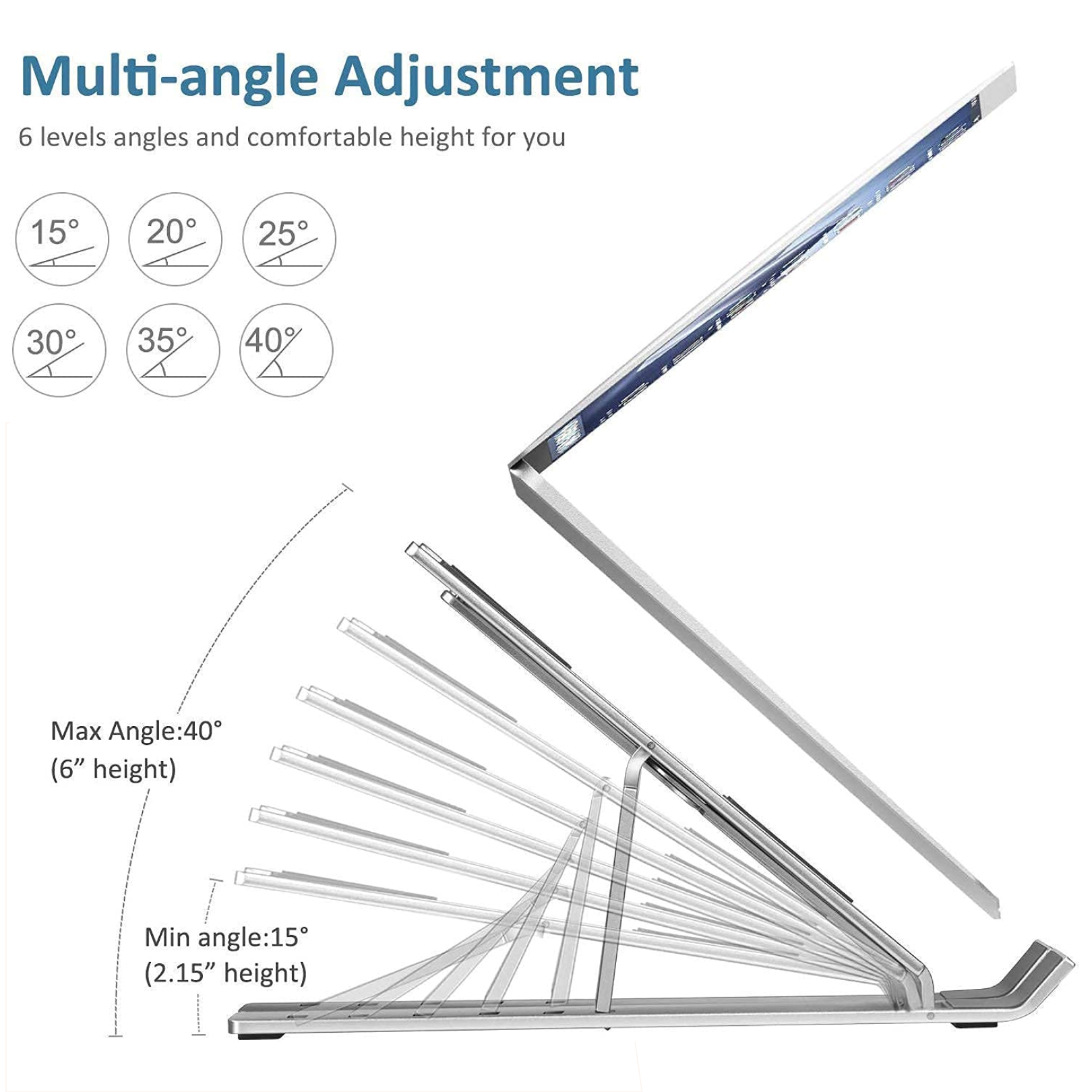 Detailed view of the dimensions and specifications printed on the metal laptop stand packaging.