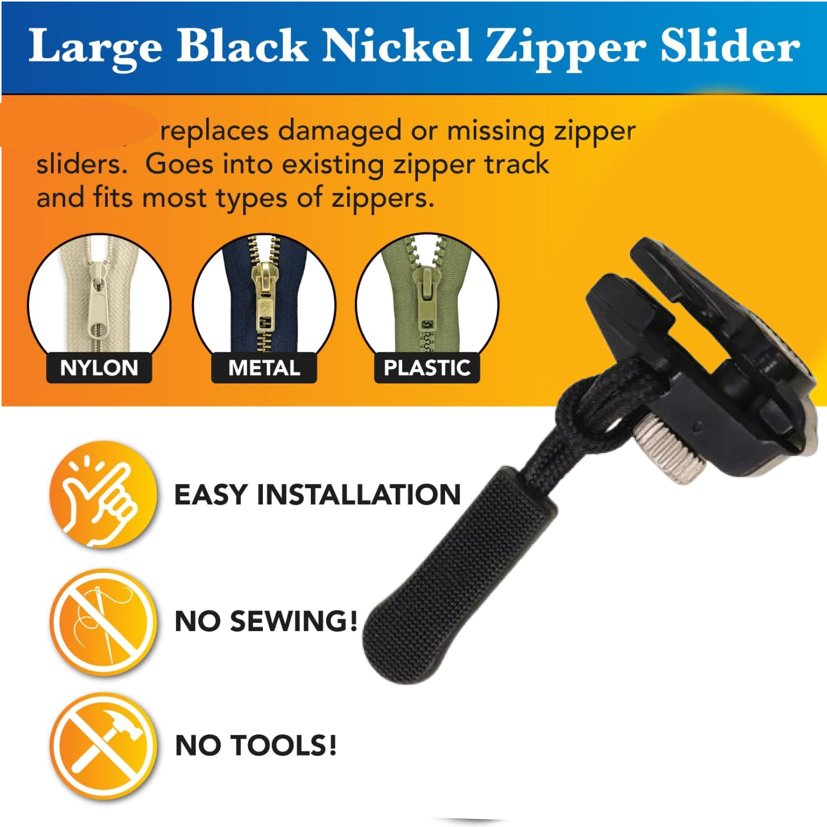 Diagram showing the simple, no-sew installation steps for the universal zipper repair kit.