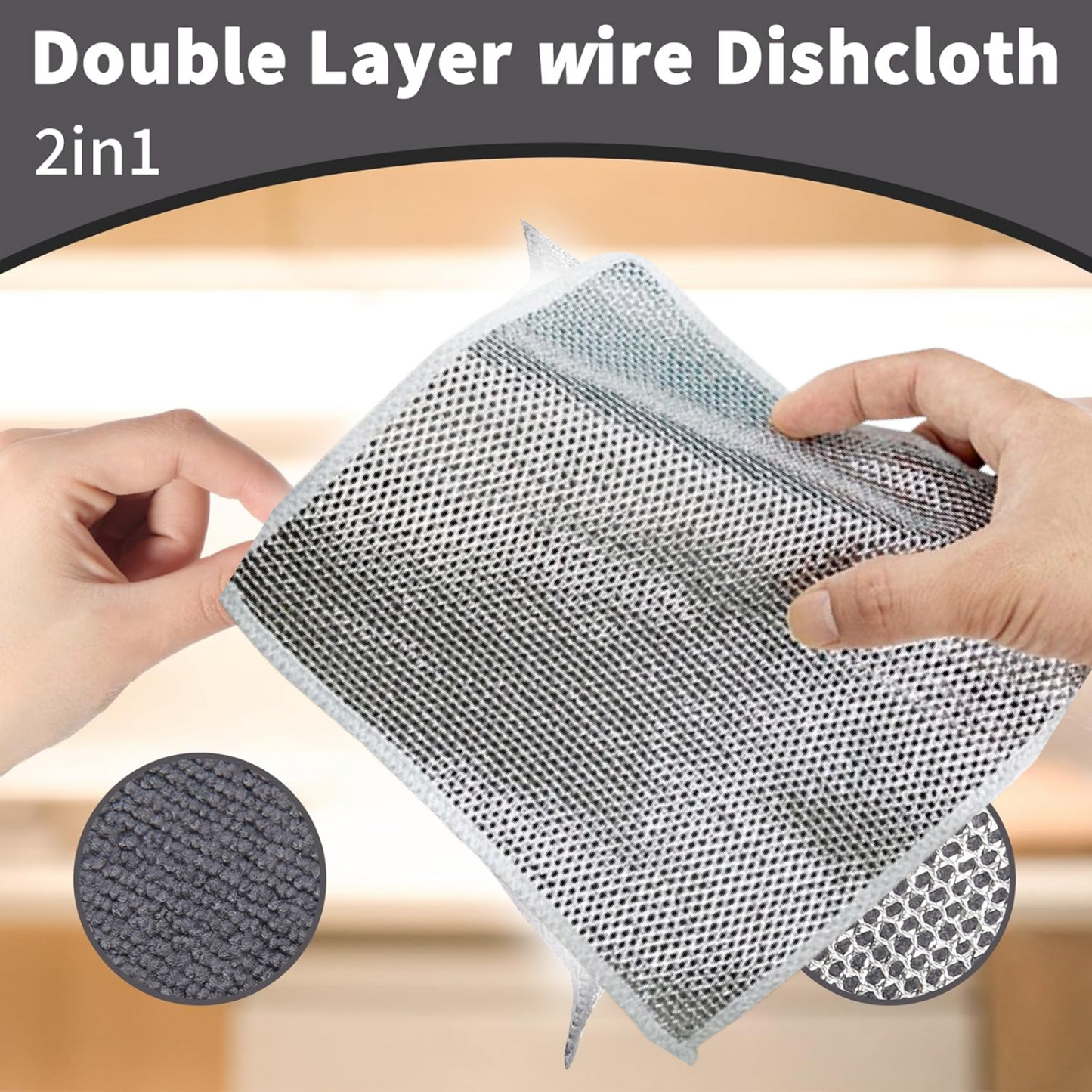 Close-up of the textured stainless steel scrubber side of the cloth.