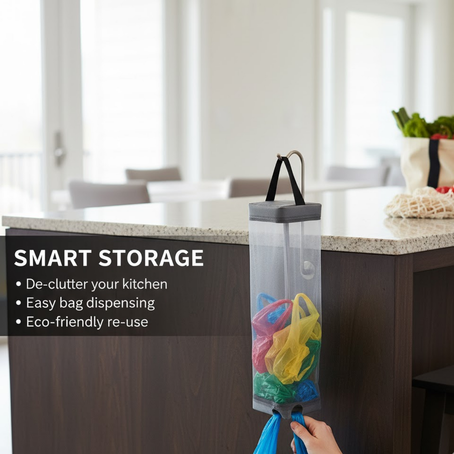 Side profile of the mesh hanging waste bag holder, highlighting its slim design.
