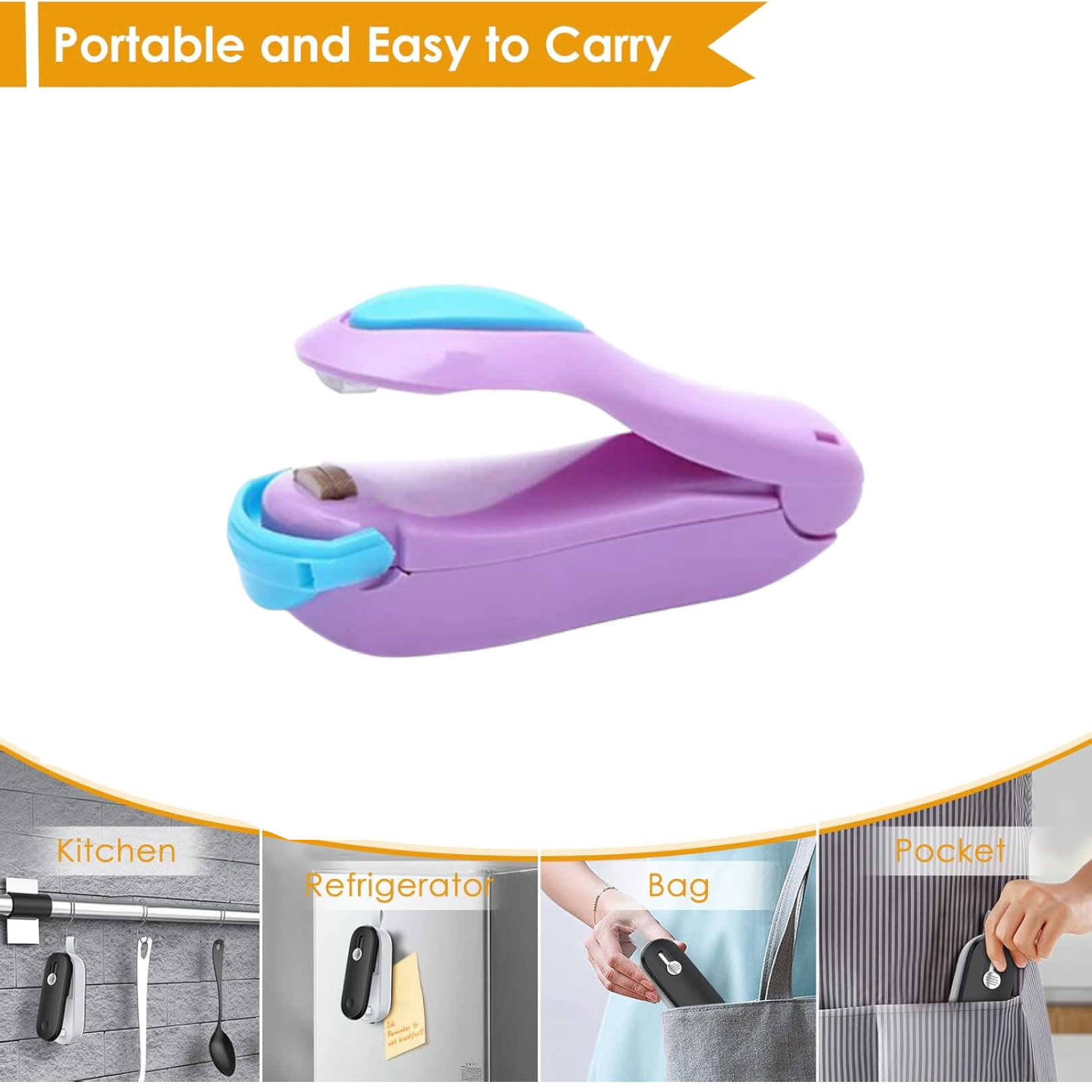 Step-by-step diagram illustrating how to easily use the handheld heat sealer.
