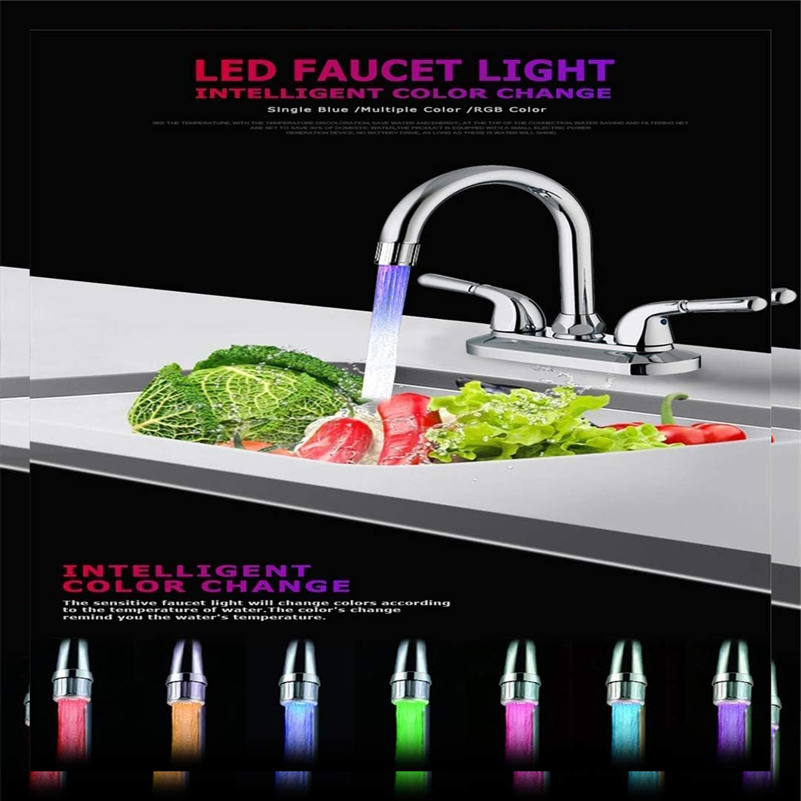 LED faucet light illuminating faucet water stream in bathroom setting