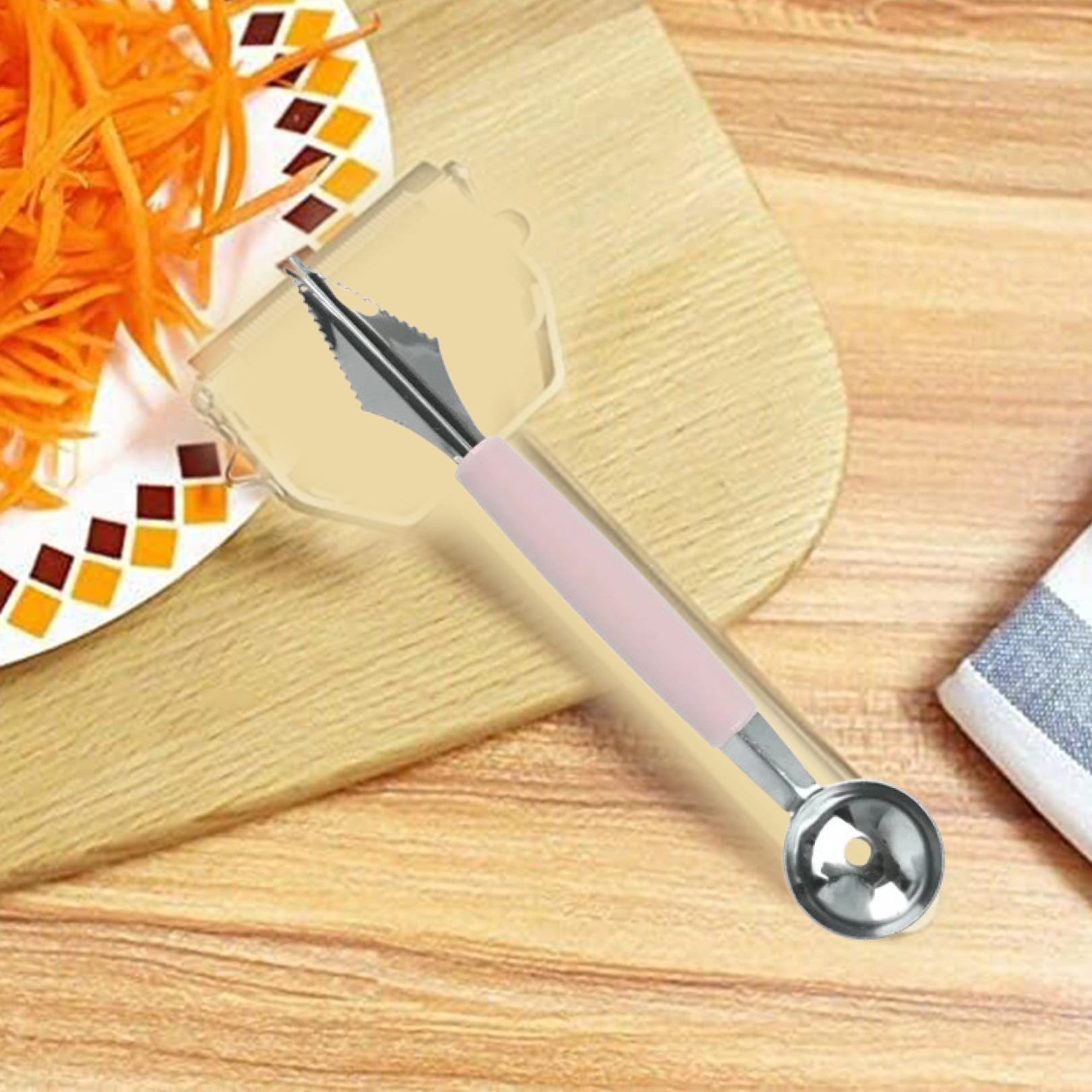 Close-up of different heads from the fruit carving tool kit for diverse uses.