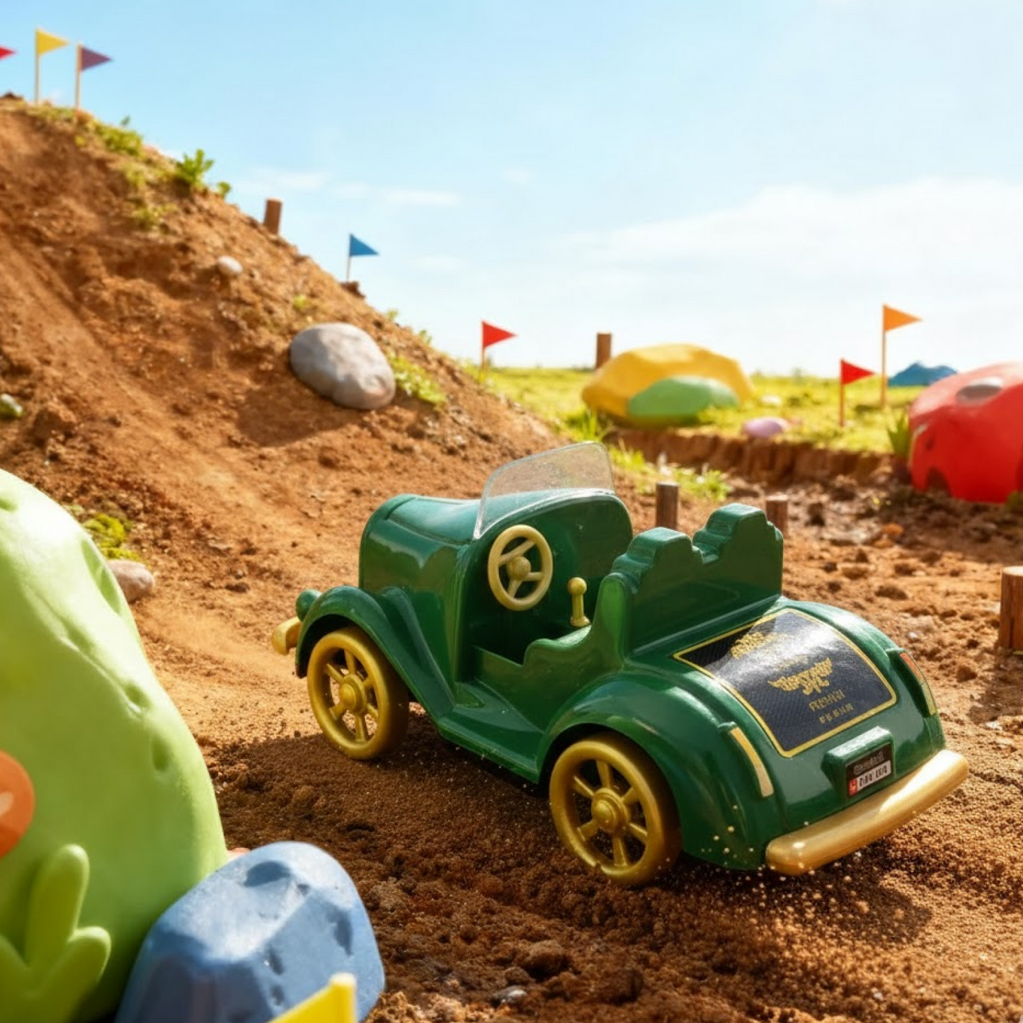 Vintage friction-powered car toy displayed on white background