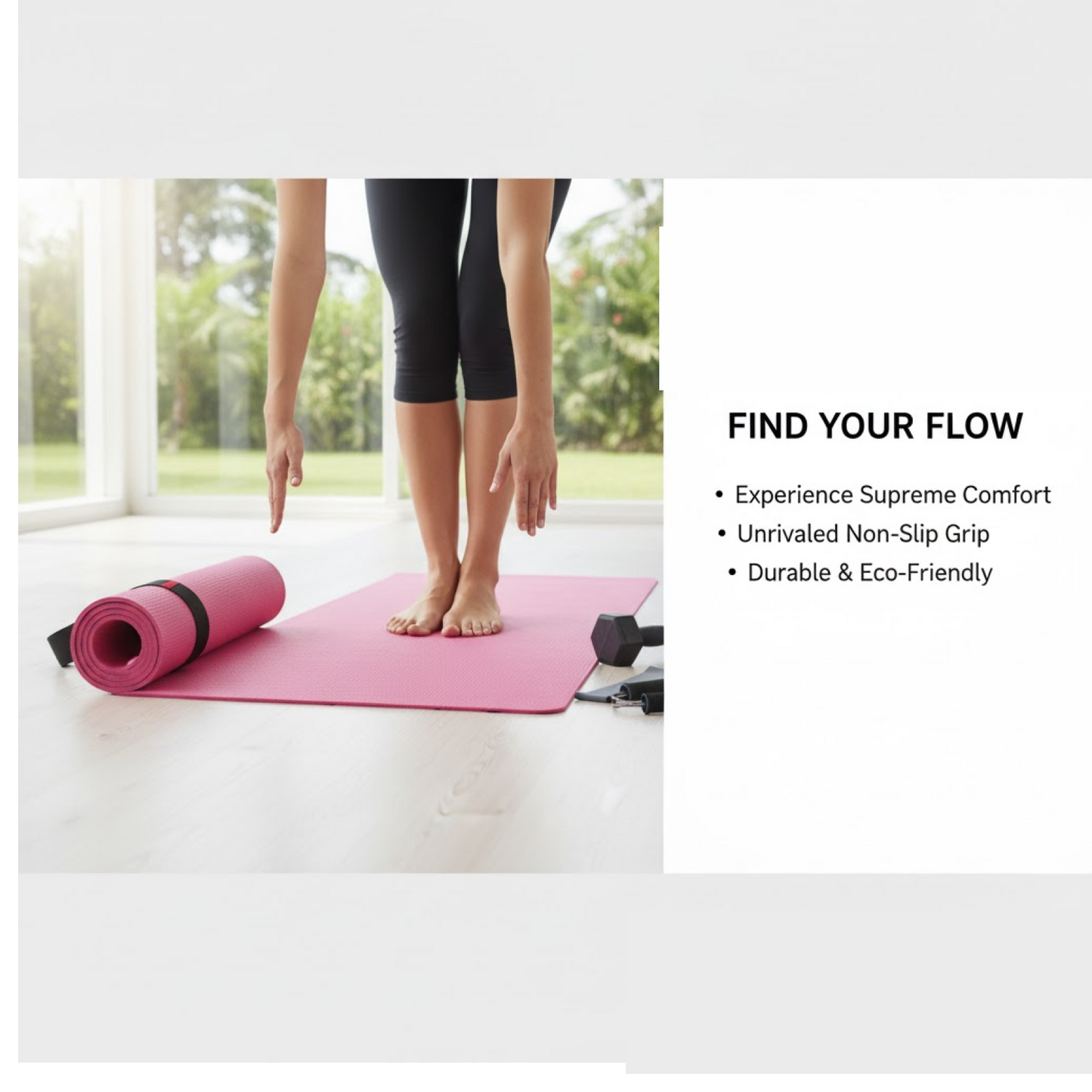 Eco-Friendly Yoga Mat rolled and secured with a strap for easy storage.