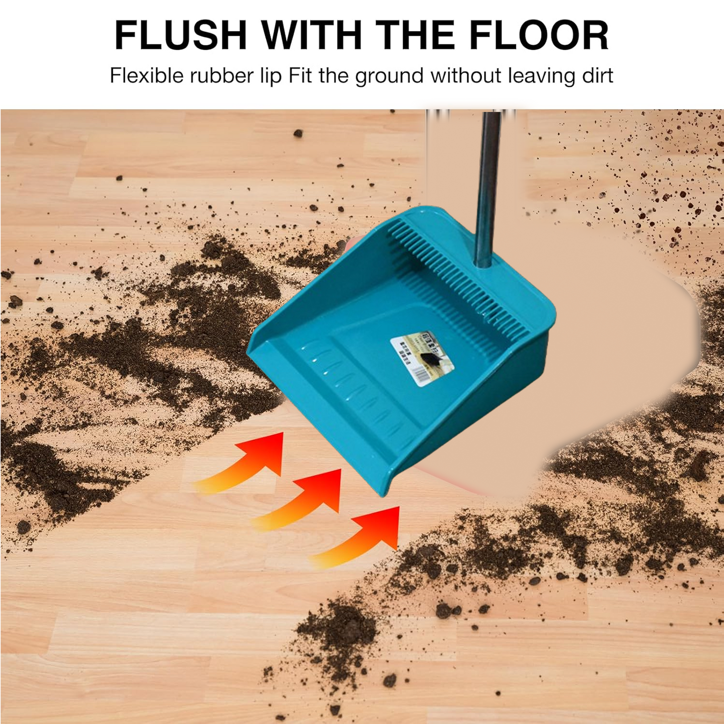 Side view of the ergonomic long handle dustpan and brush set, showcasing its height.