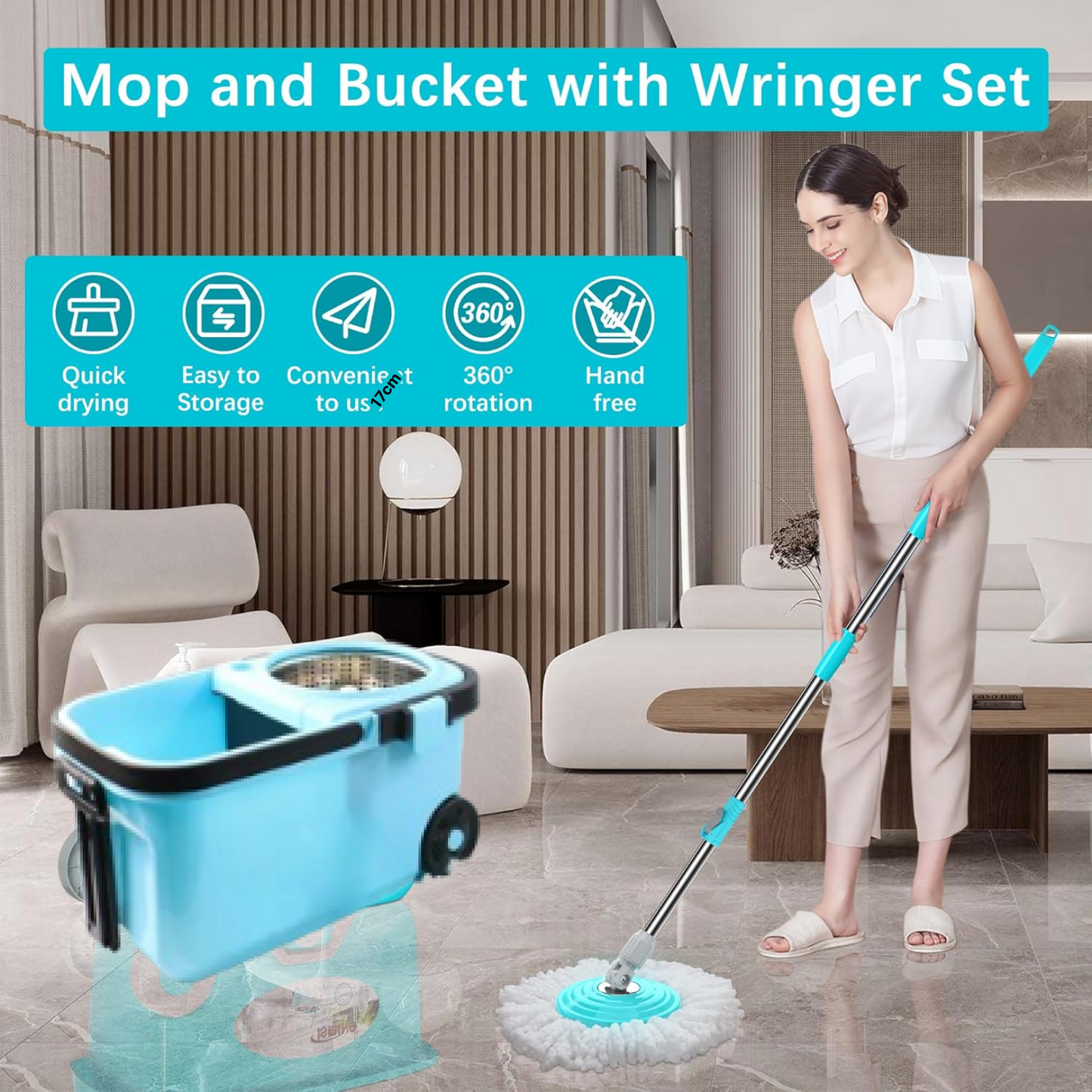 extendable handle on 360° spin mop for comfortable use