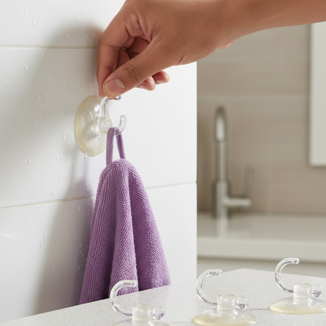 Transparent suction hook showing the steel stud for hanging items.
