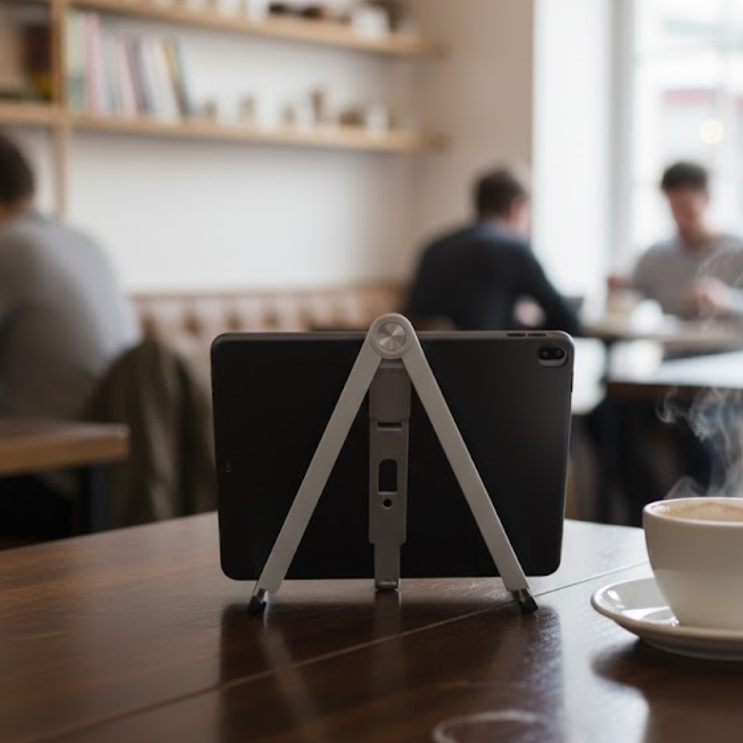 Side profile of the slim foldable tablet stand, highlighting its design.