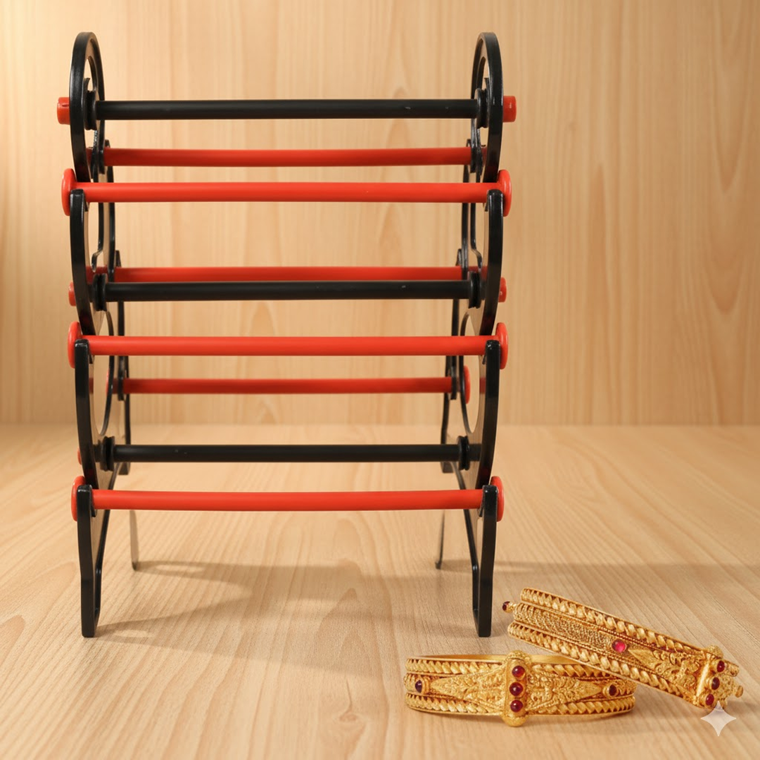 Lifestyle shot of the bangle stand with various bangles and watches, perfectly organized.