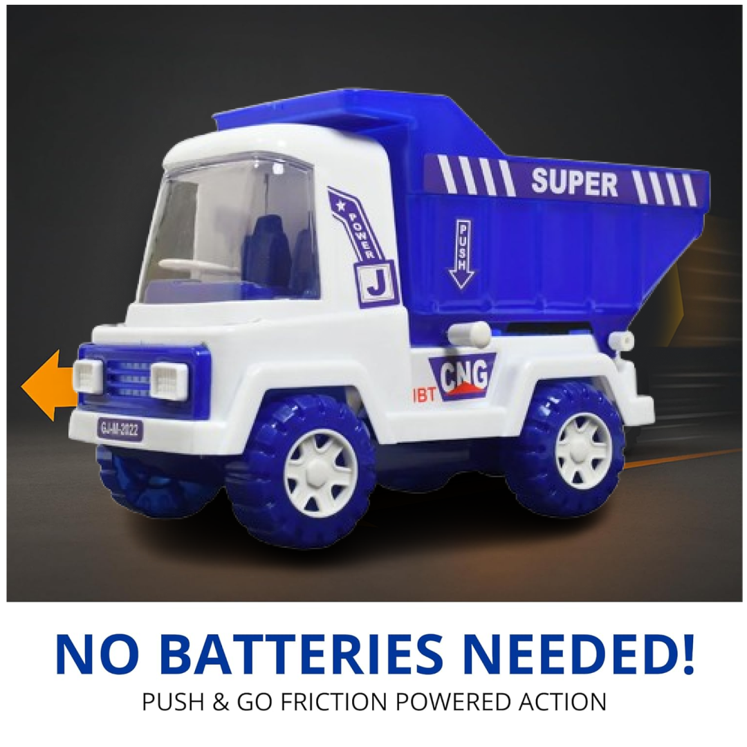 Graphic showcasing the durable plastic construction of the kids' toy truck.