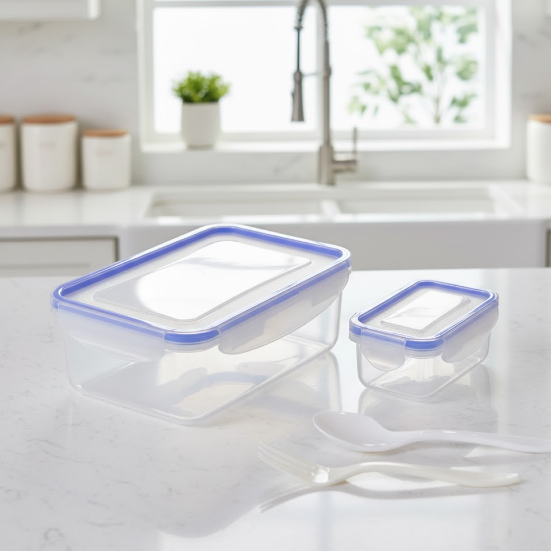 Detailed view of the lunch box parts, including the lid, base, and secure locking clips.
