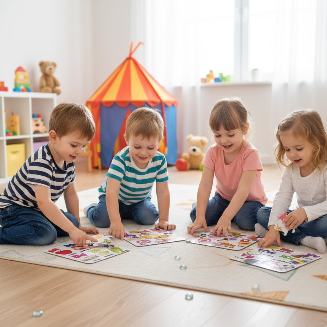 Two children happily solving colorful ABC learning puzzles together.