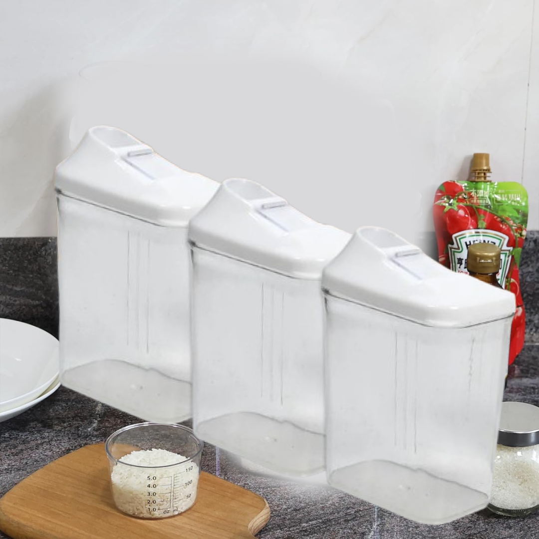 Transparent kitchen storage jar filled with flour, demonstrating clear visibility.
