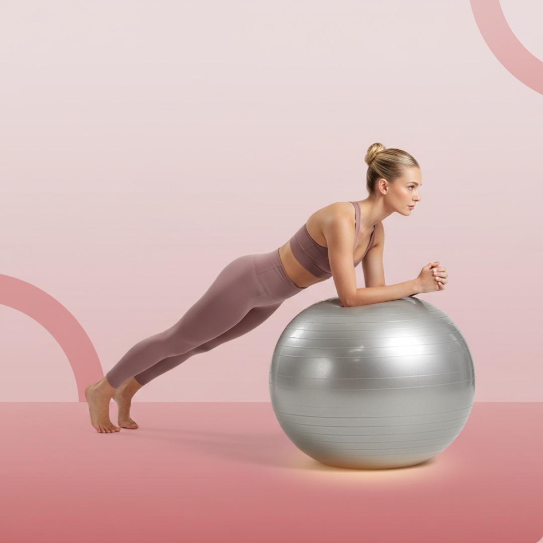 75CM deflated stability gym ball beside foot pump ready for inflation