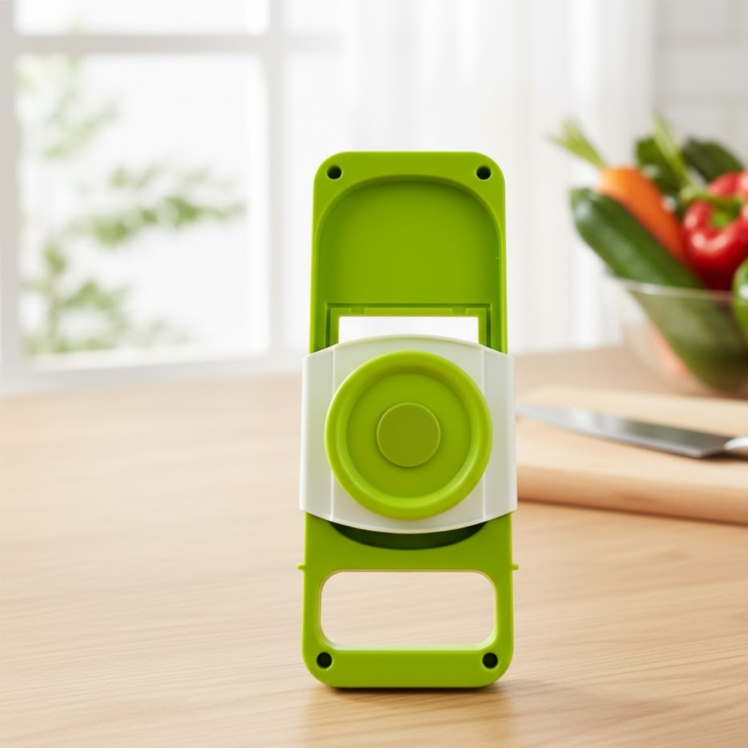 Diagram illustrating the dimensions and parts of the CookAura 5-in-1 kitchen slicer.