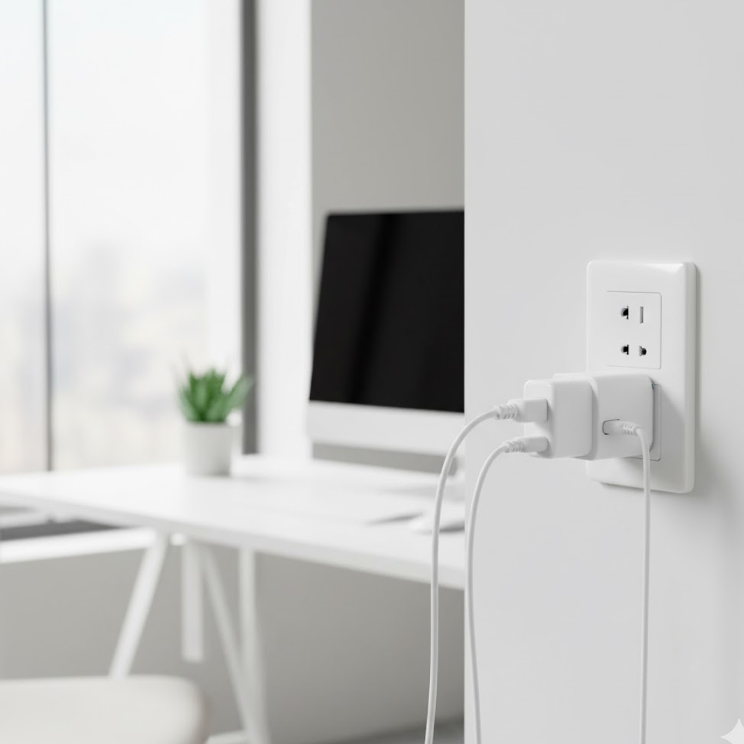 Bottom view of the Tetherix multi-plug socket showing regulatory labels.