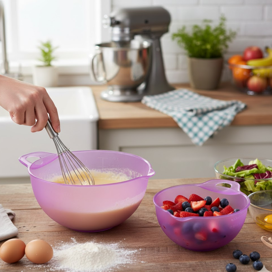 Stacked BPA-free plastic mixing bowl set for space-saving storage