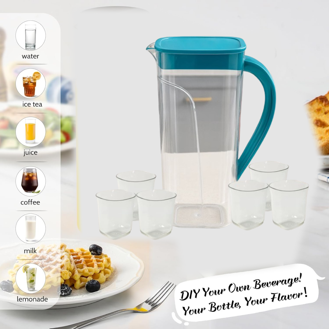 Close-up view of plastic jug with six glasses in a set
